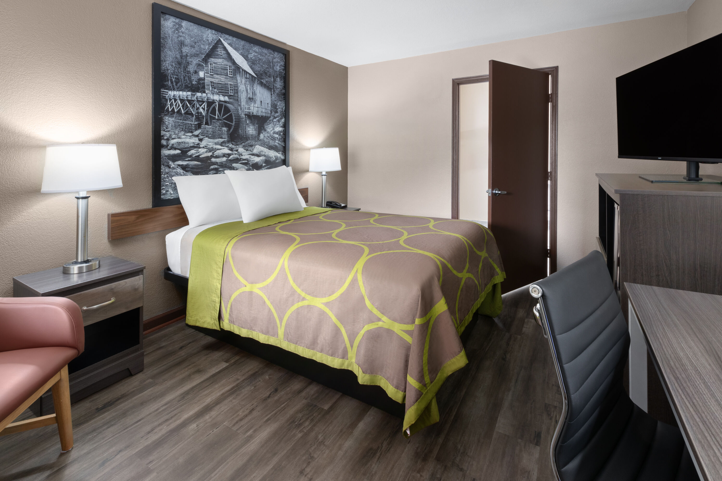Guest room at the Super 8 by Wyndham Bridgeport/Clarksburg Area in Bridgeport, West Virginia