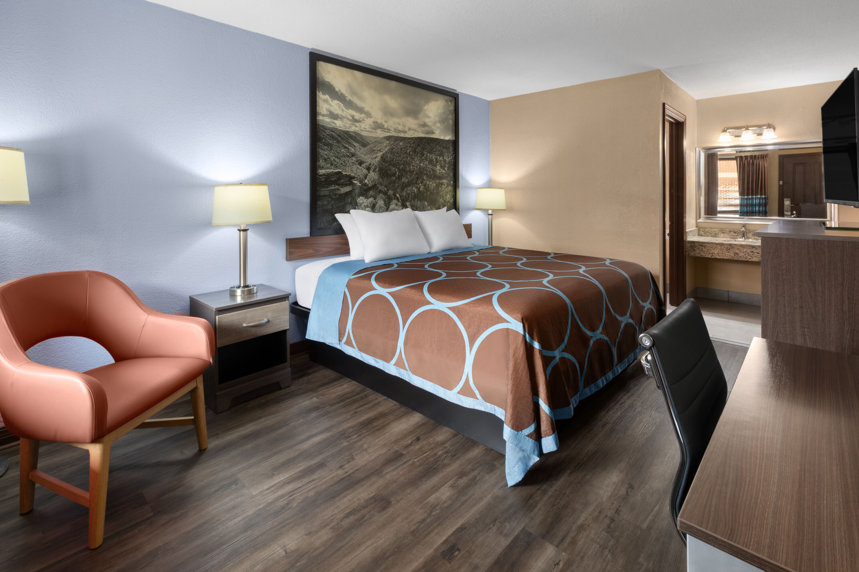 Guest room at the Super 8 by Wyndham Bridgeport/Clarksburg Area in Bridgeport, West Virginia