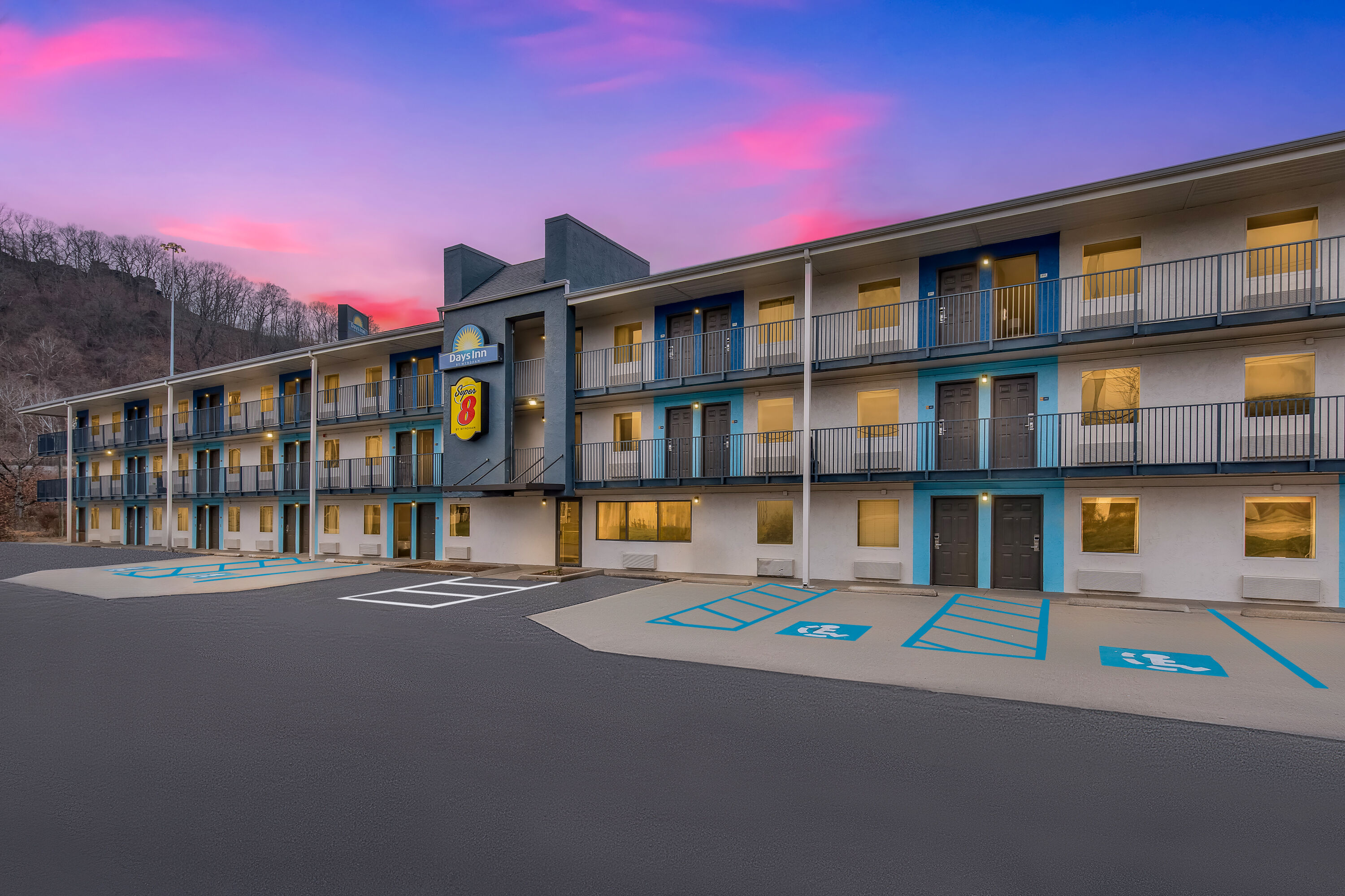 Exterior Dusk Image of Super 8 by Wyndham Charleston WV hotel in Charleston, West Virginia