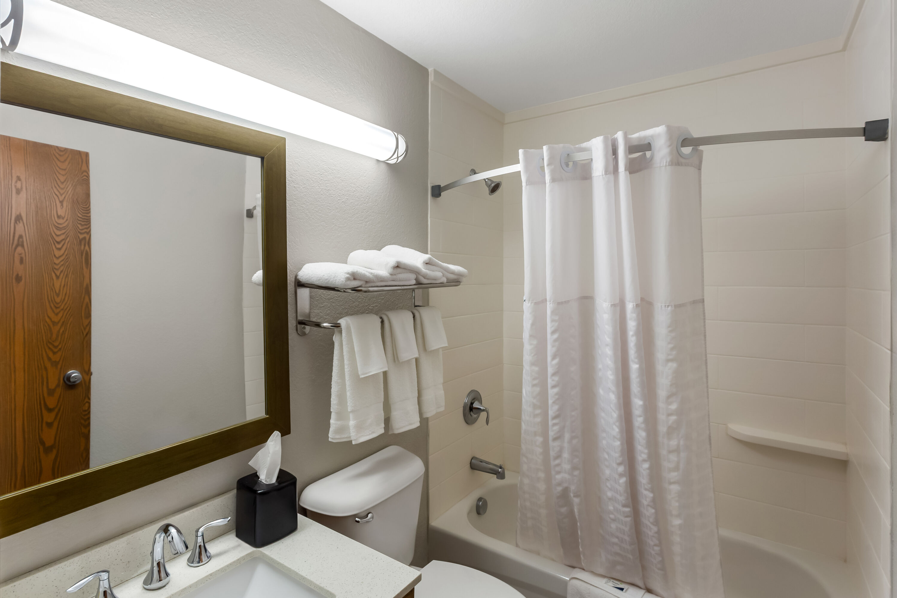 Guest room bath at the Super 8 by Wyndham Elkins in Elkins, West Virginia
