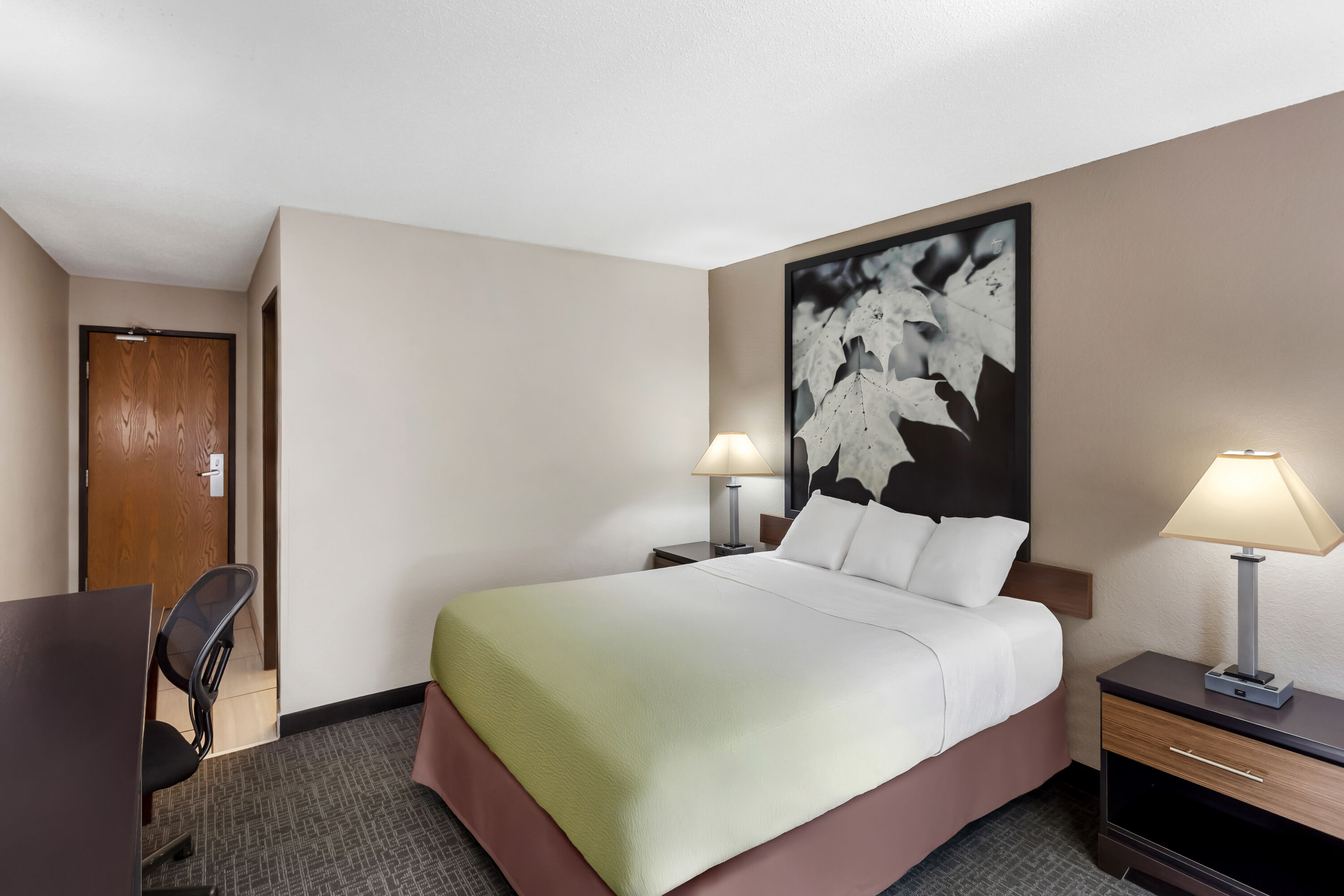 Queen bed guest room at the Super 8 by Wyndham Elkins in Elkins, West Virginia