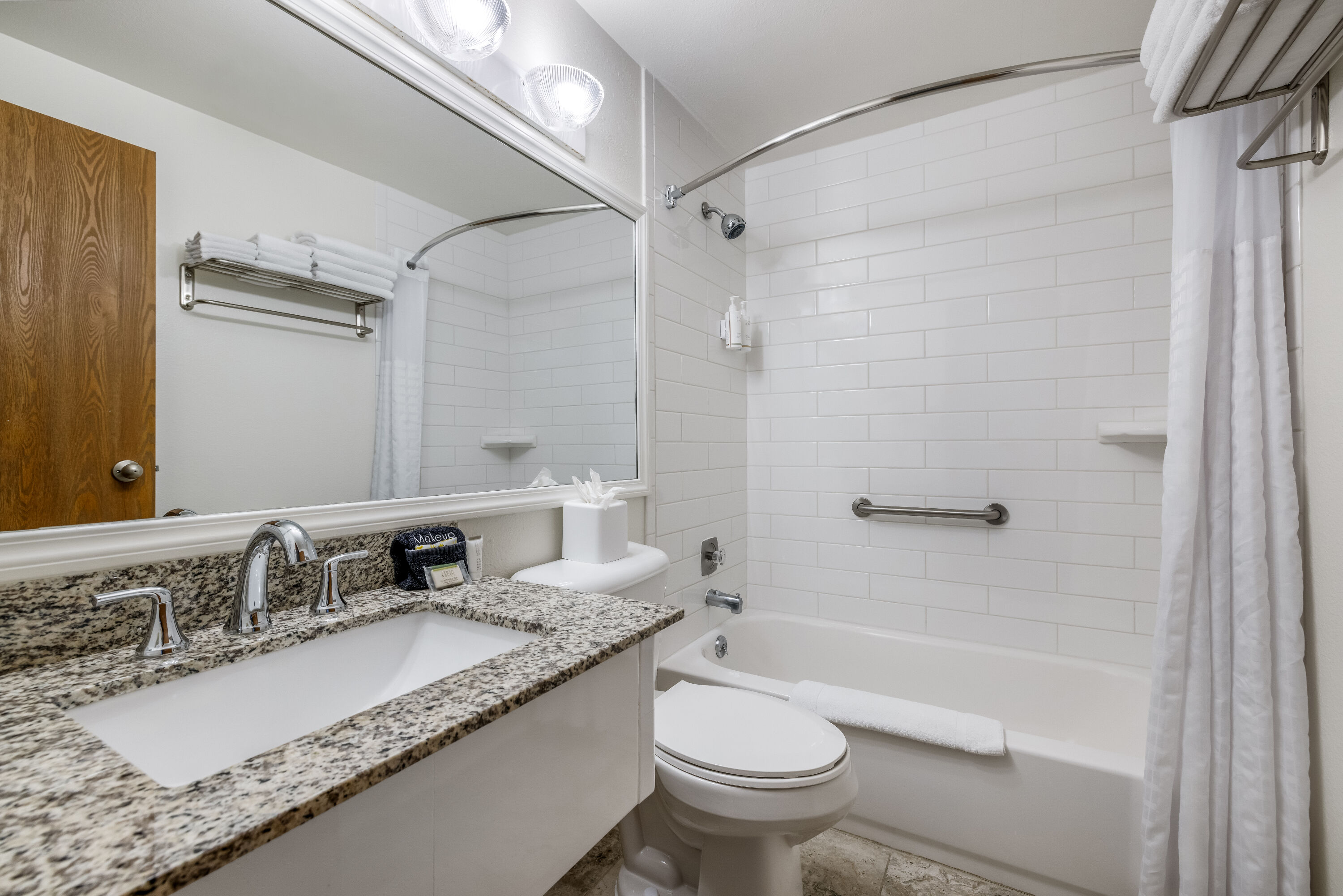 Guest room bath at the Super 8 by Wyndham Cody in Cody, Wyoming