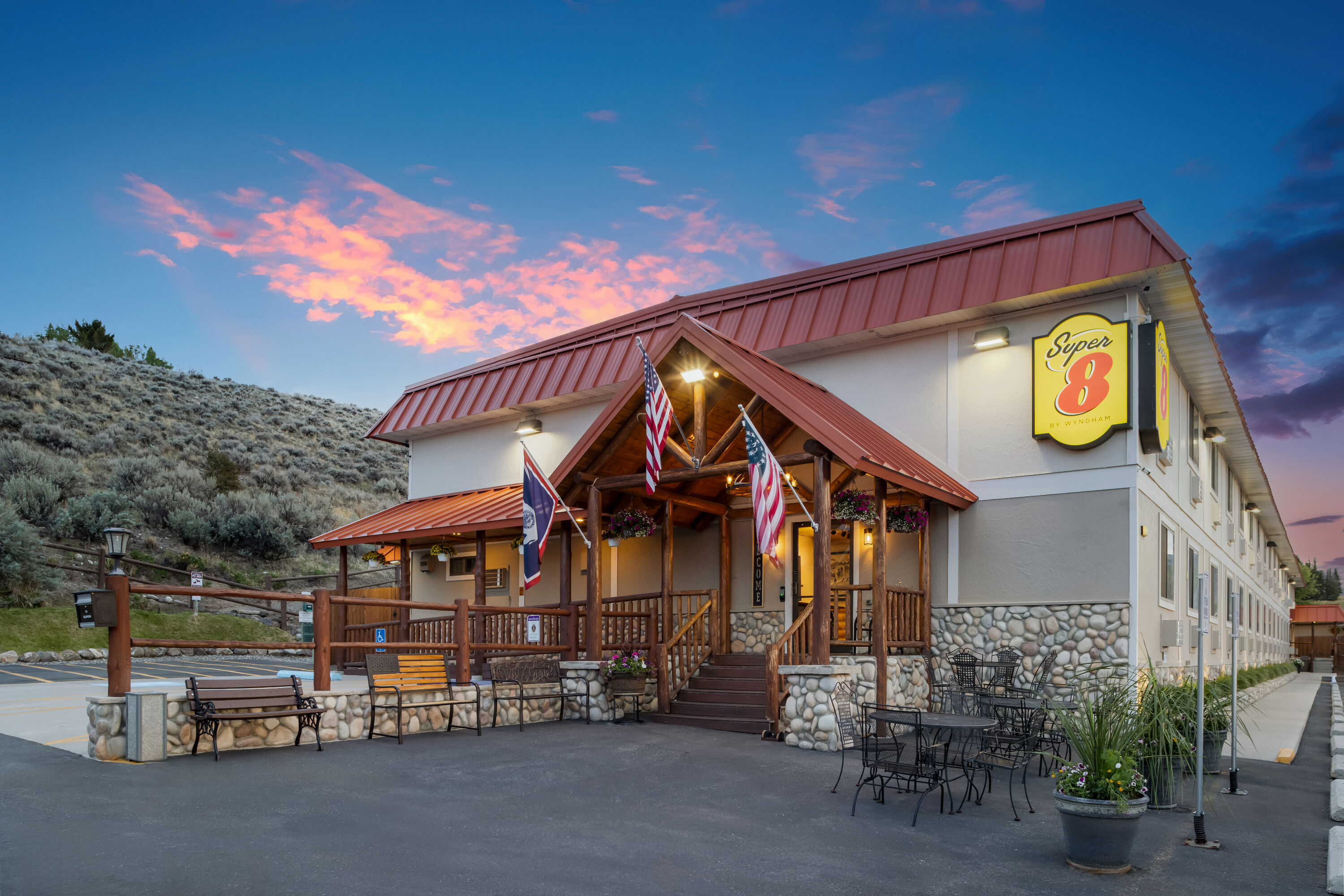 Exterior Dusk Image of Super 8 by Wyndham Cody hotel in Cody, Wyoming