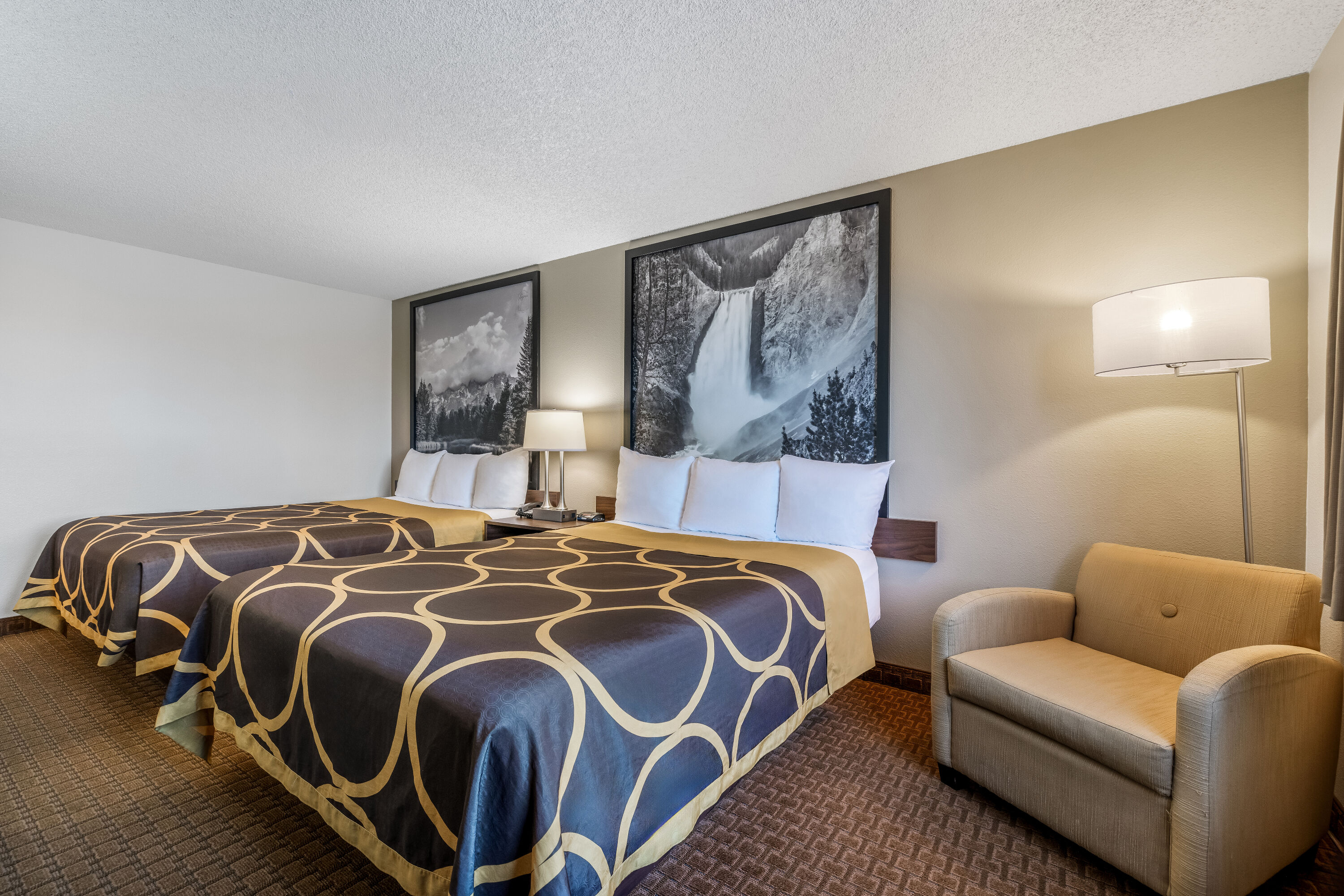 Queen bed guest room at the Super 8 by Wyndham Cody in Cody, Wyoming