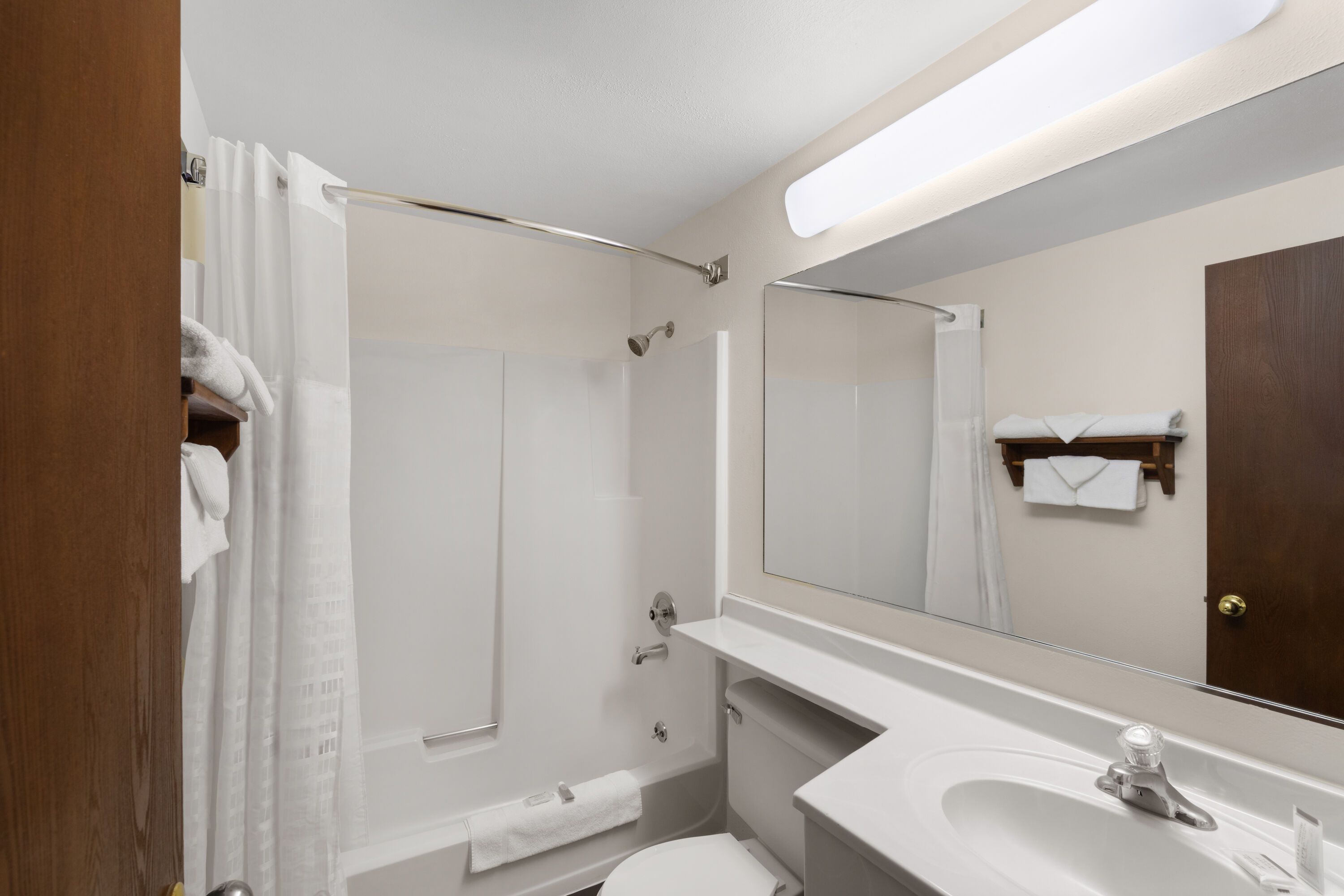 Guest room bath at the Super 8 by Wyndham Jackson Hole in Jackson, Wyoming