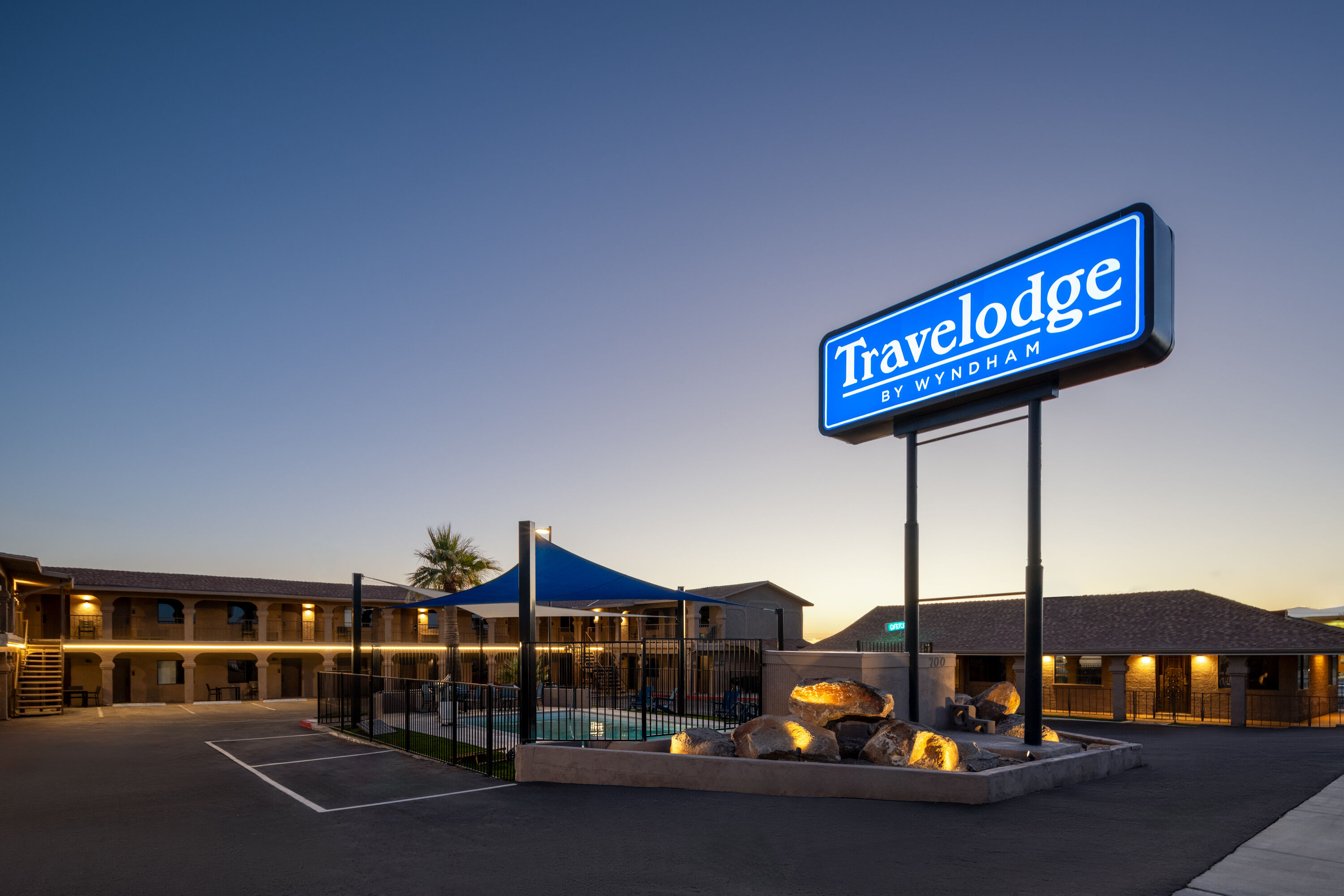 Exterior Dusk Image of Travelodge by Wyndham Parker hotel in Parker, Arizona