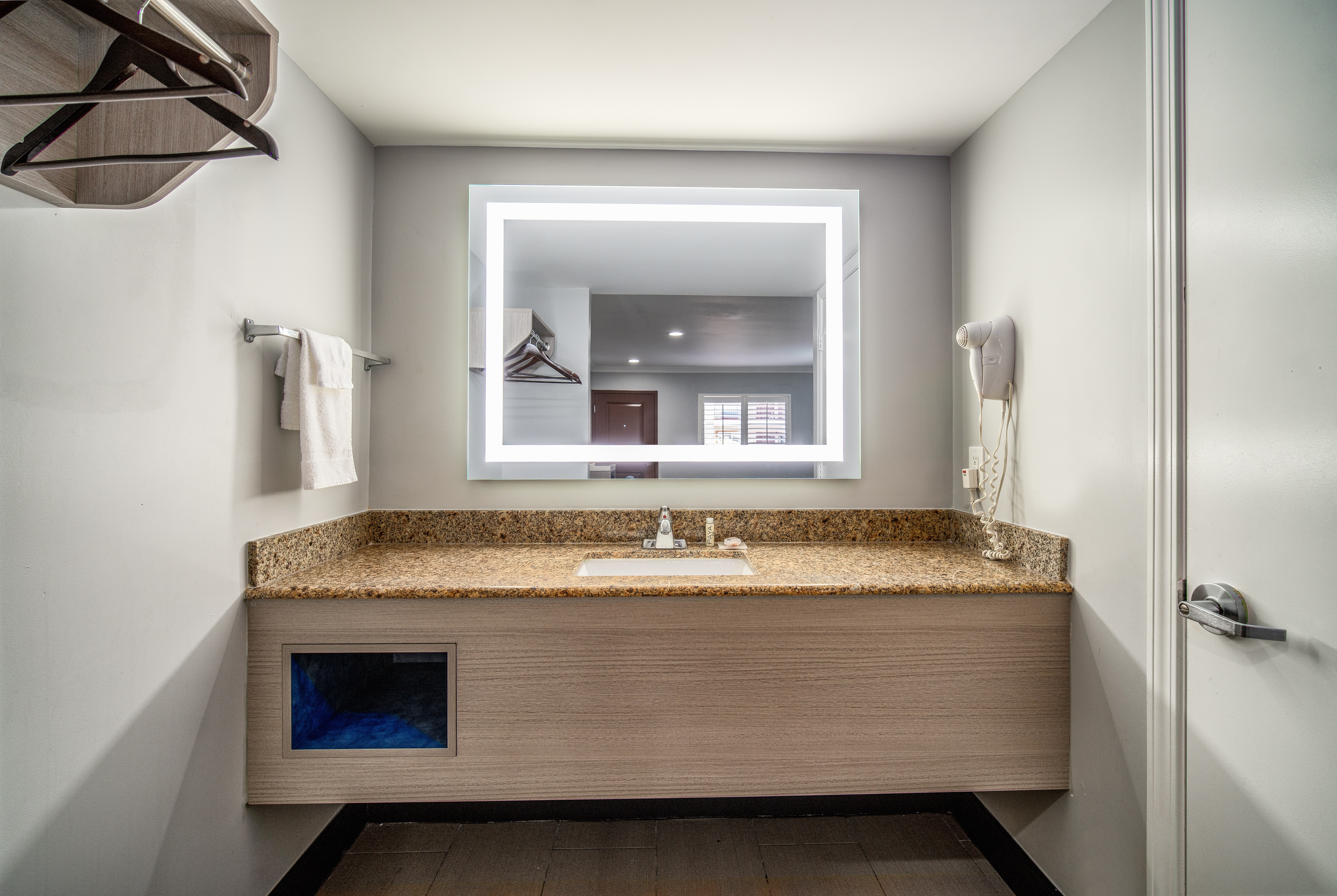 Guest room bath at the Travelodge Inn & Suites by Wyndham Bell Los Angeles Area in Bell, California