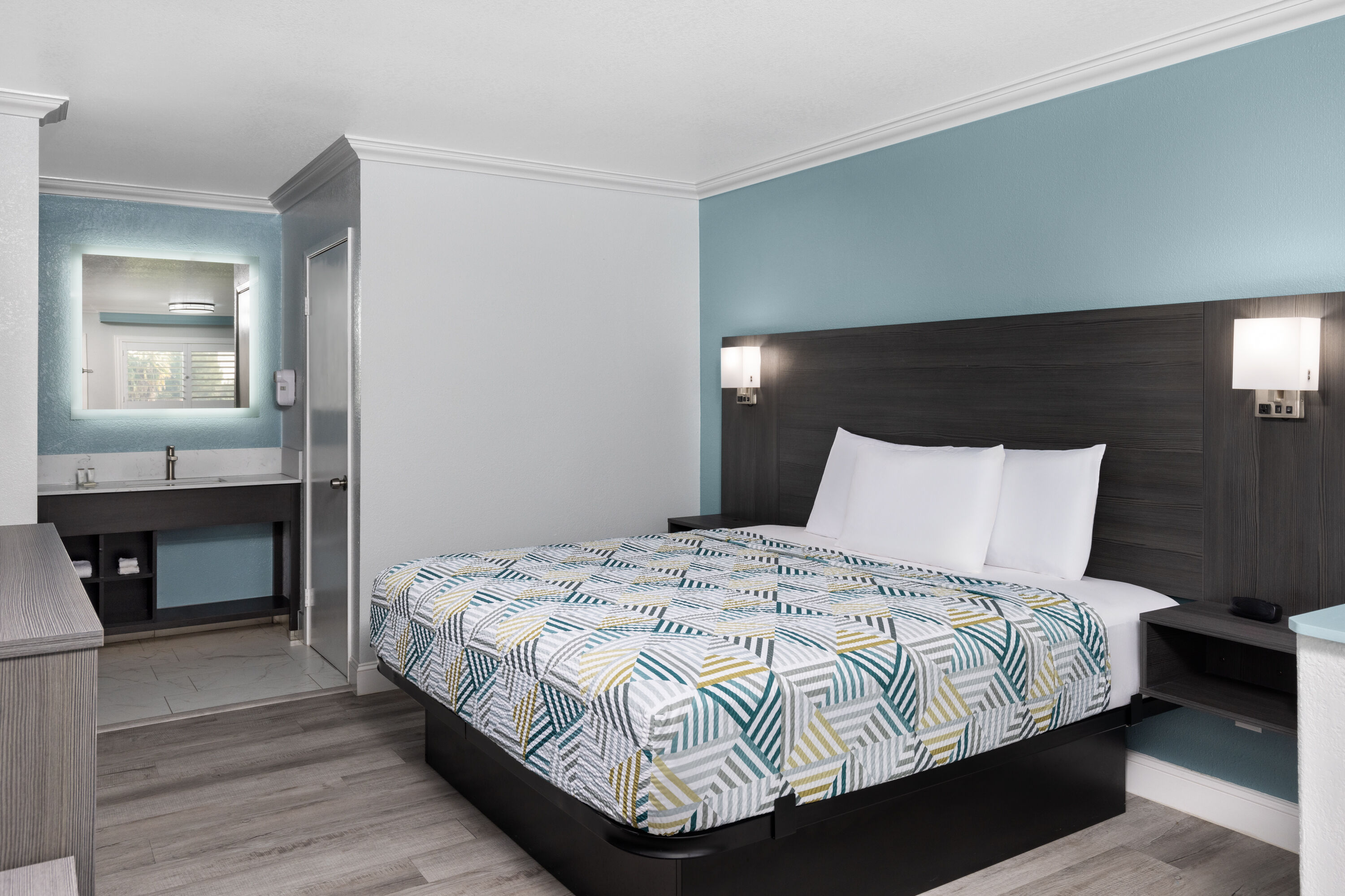 Guest room at the Travelodge by Wyndham Lemoore Near Naval Air Station in Lemoore, California