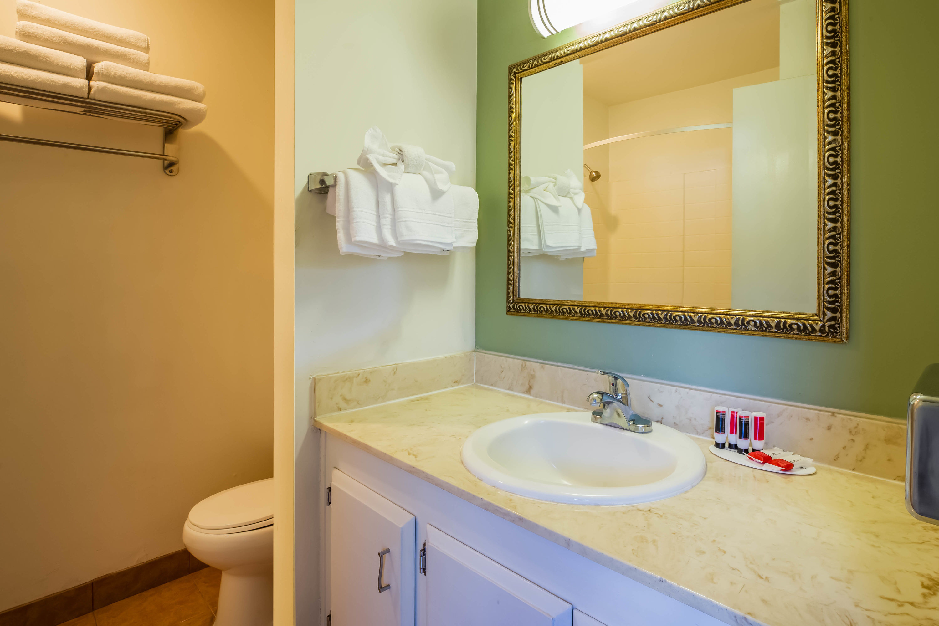 Guest room bath at the Travelodge by Wyndham Red Bluff South of Redding in Red Bluff, California