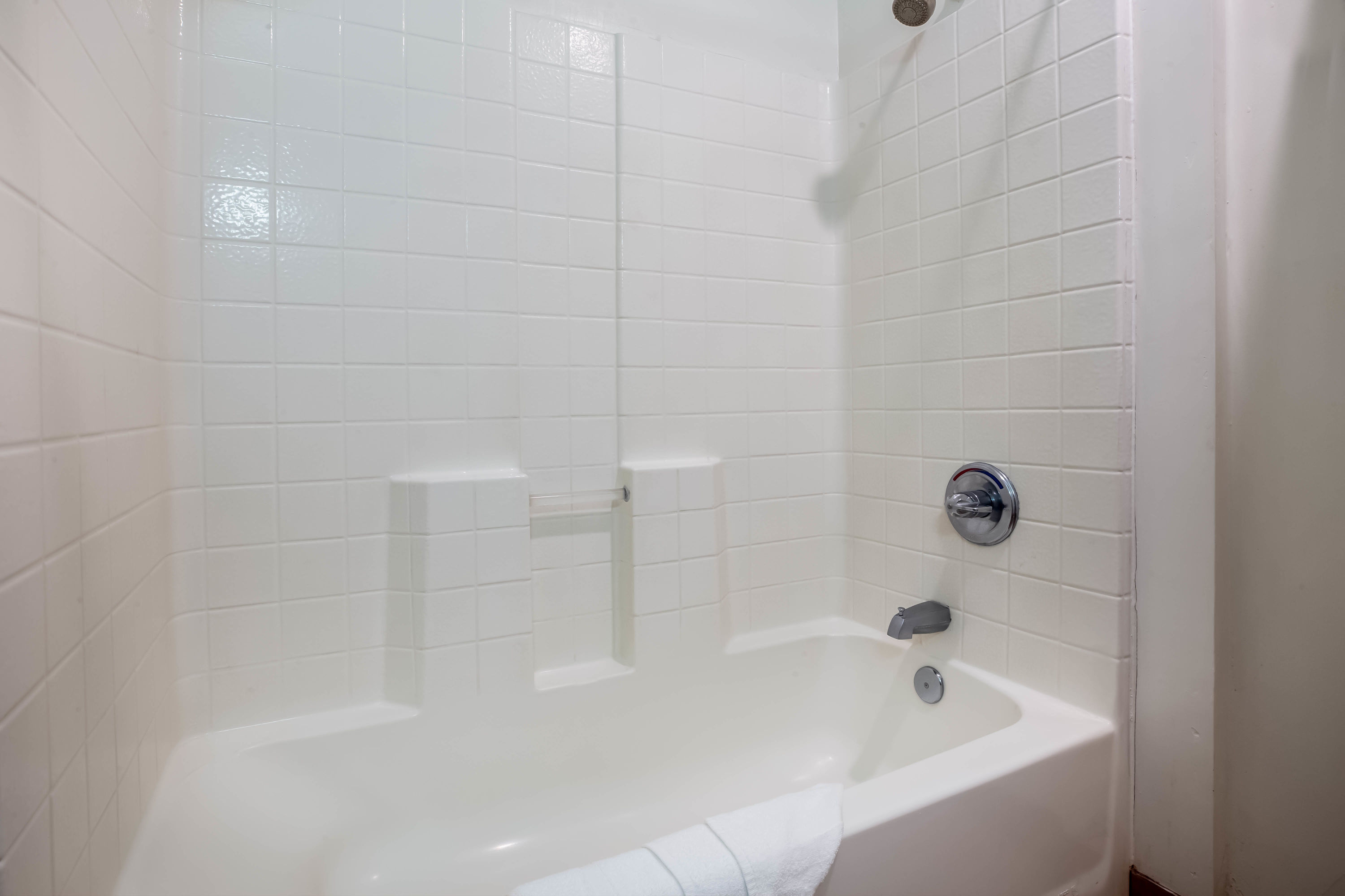 Guest room bath at the Travelodge by Wyndham Red Bluff South of Redding in Red Bluff, California