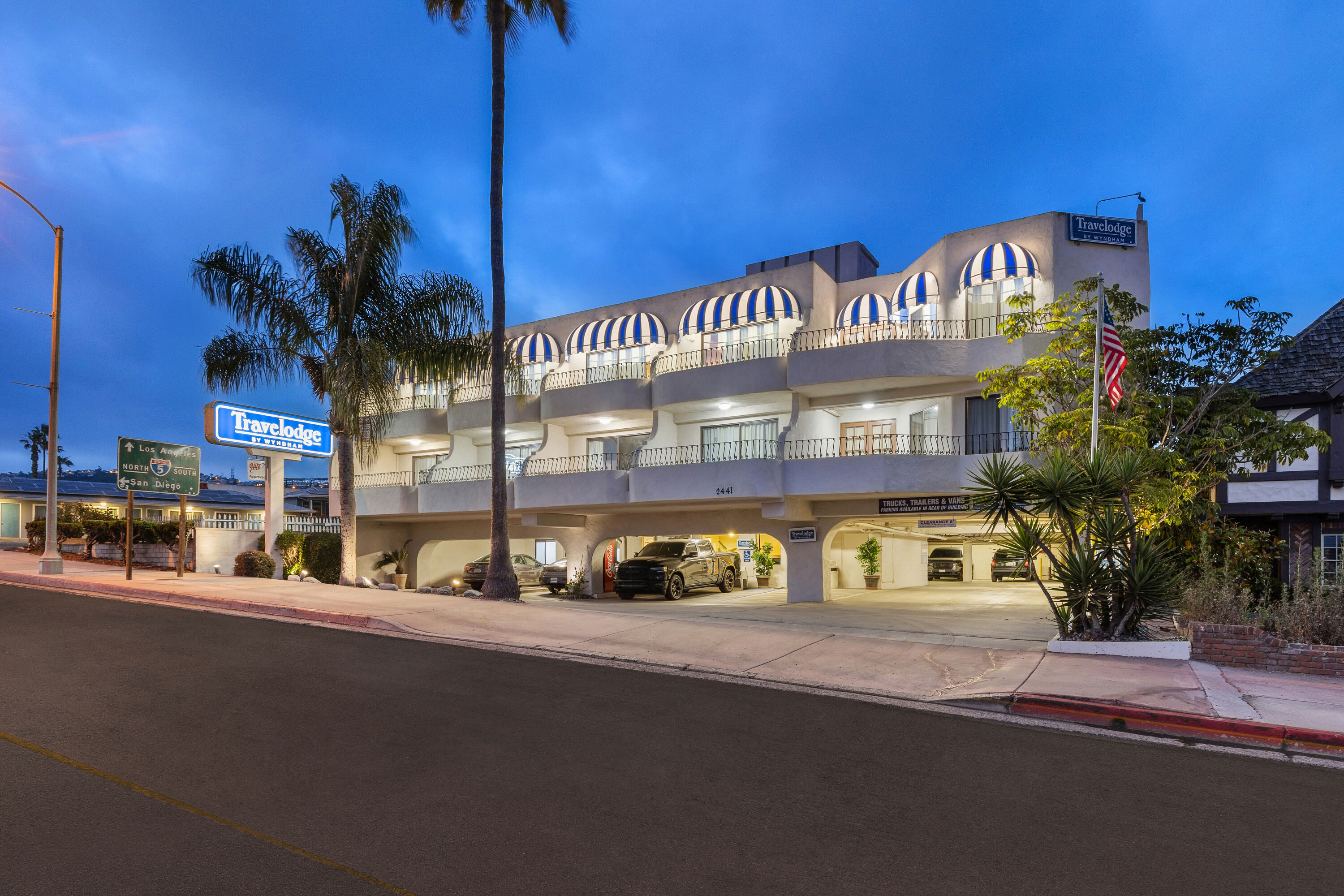 Exterior Night Image of Travelodge by Wyndham San Clemente Beach hotel in San Clemente, California