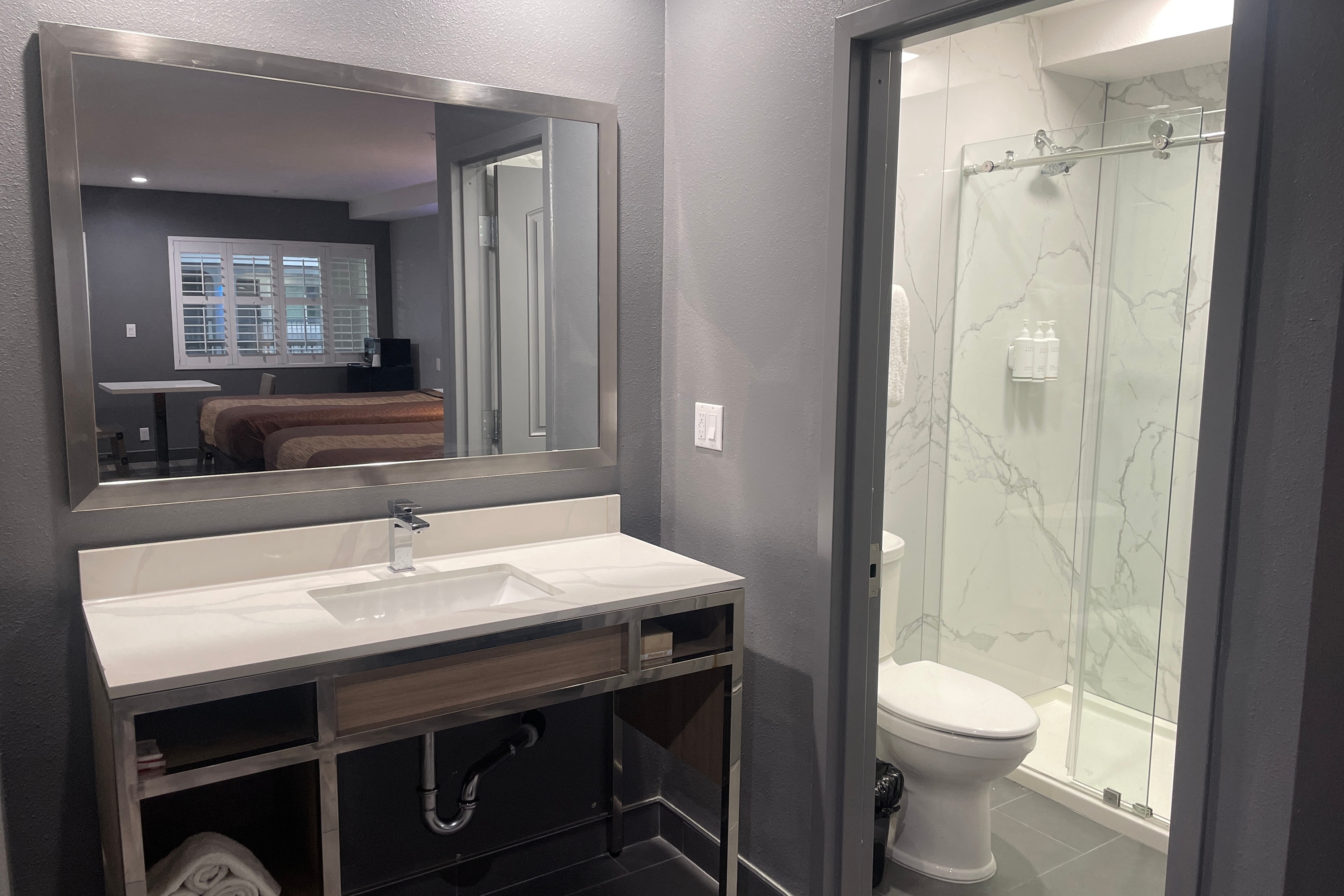 Guest room bath at the Travelodge by Wyndham Whittier in Whittier, California