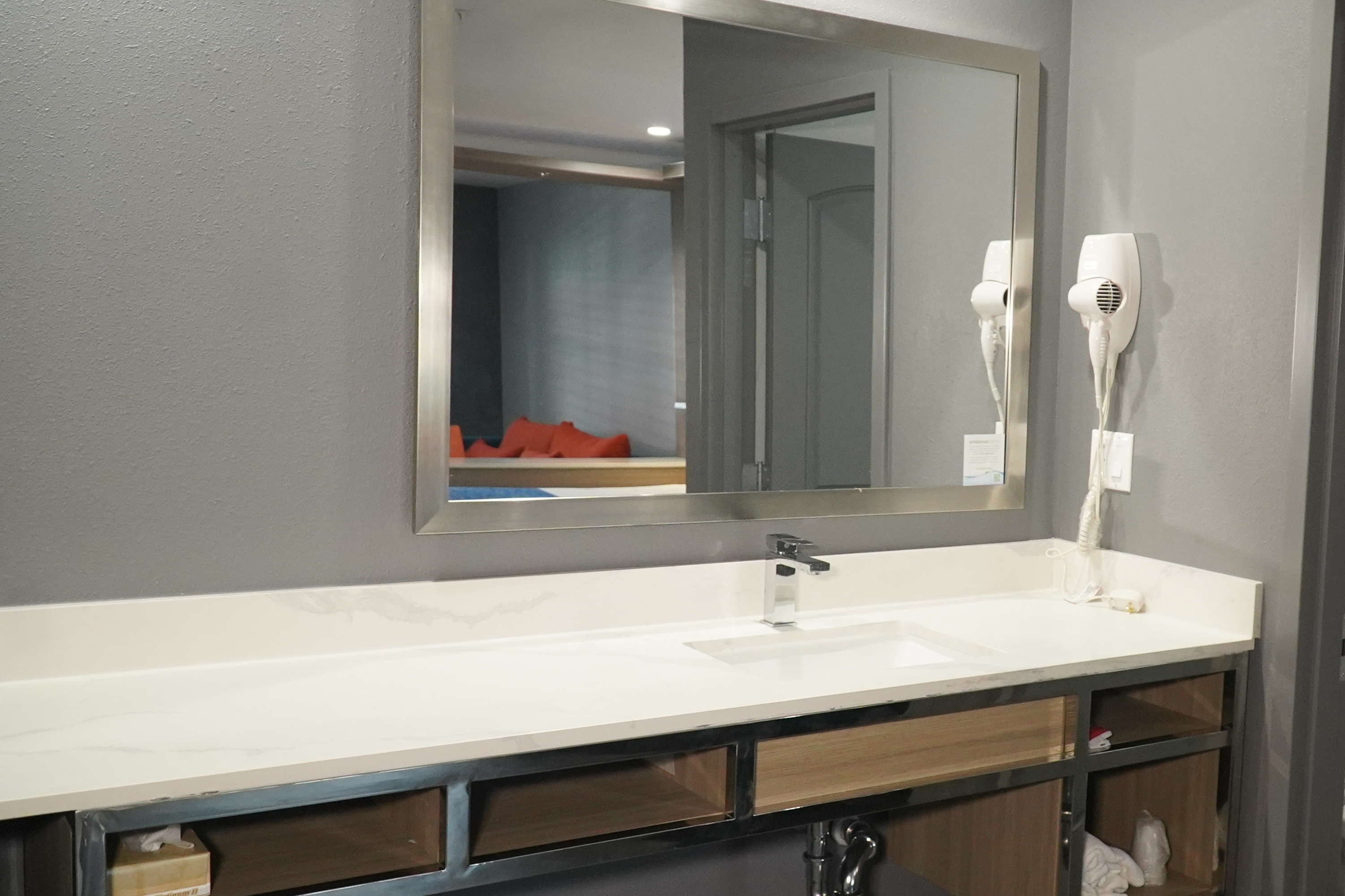 Guest room bath at the Travelodge by Wyndham Whittier in Whittier, California