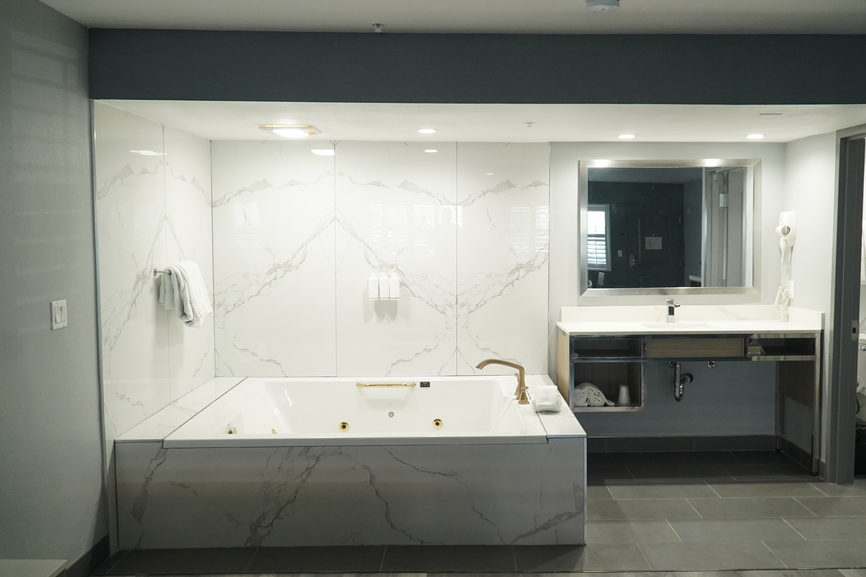 Guest room bath at the Travelodge by Wyndham Whittier in Whittier, California