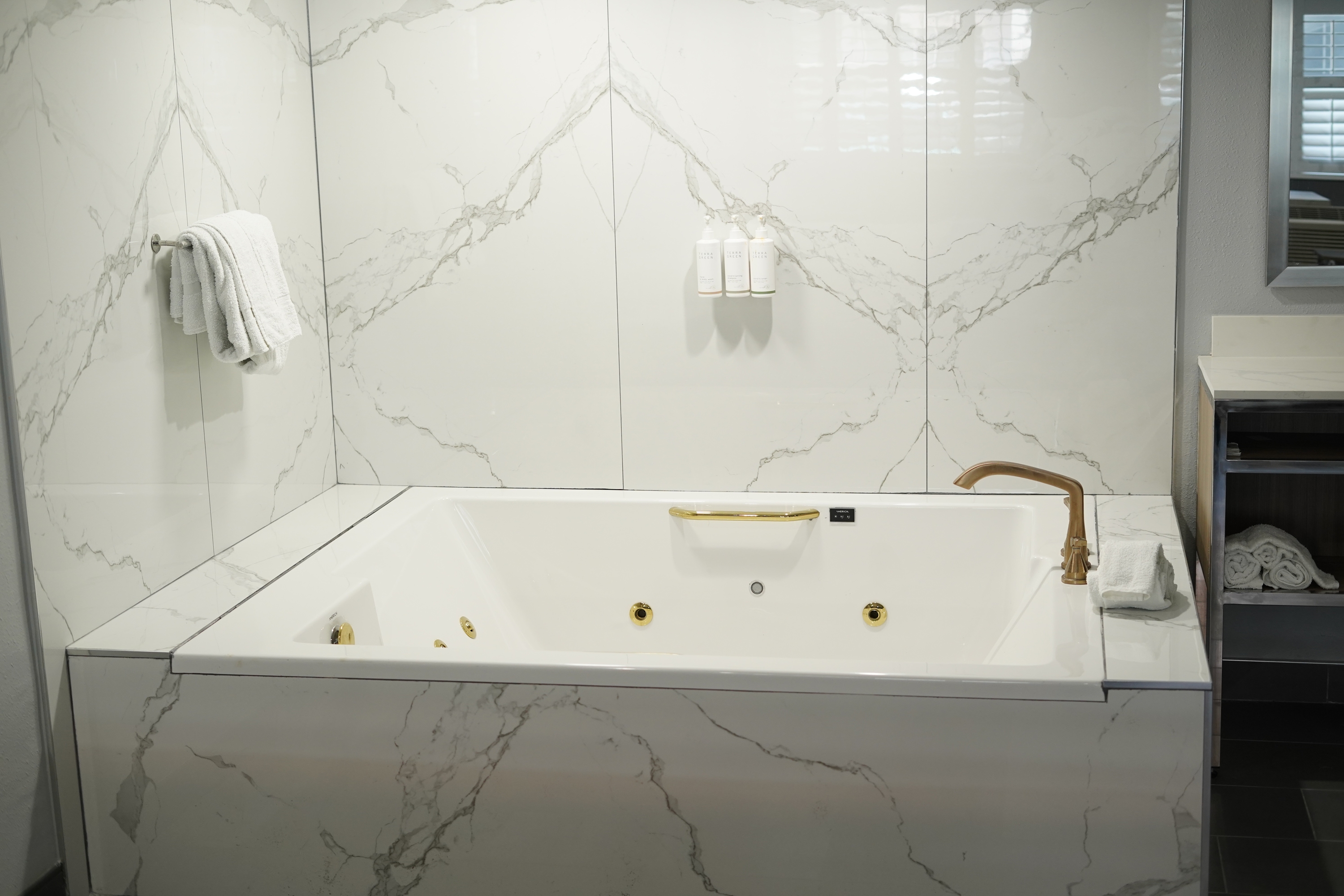 Guest room bath at the Travelodge by Wyndham Whittier in Whittier, California