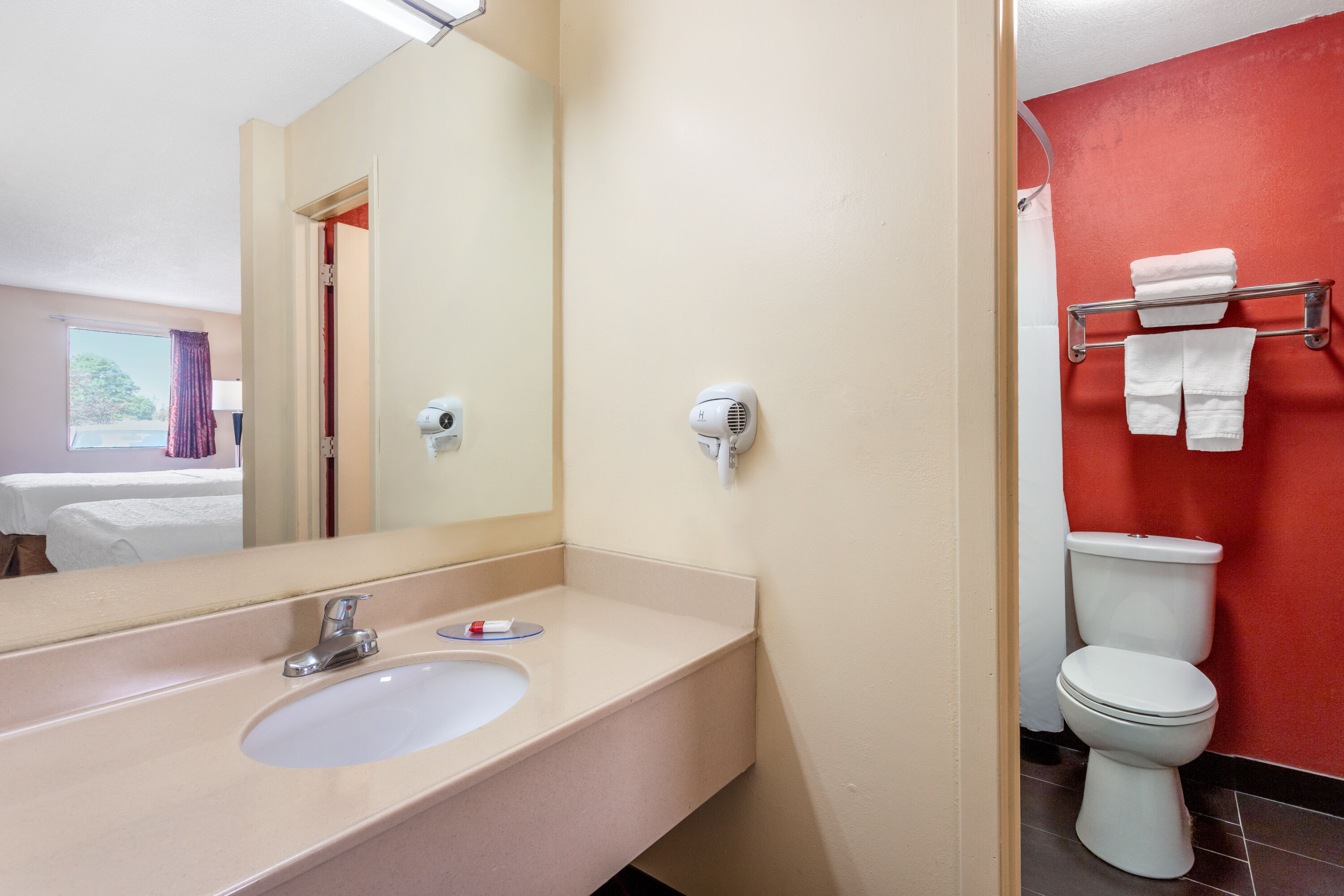 Guest room bath at the Travelodge by Wyndham Richmond IN in Richmond, Indiana