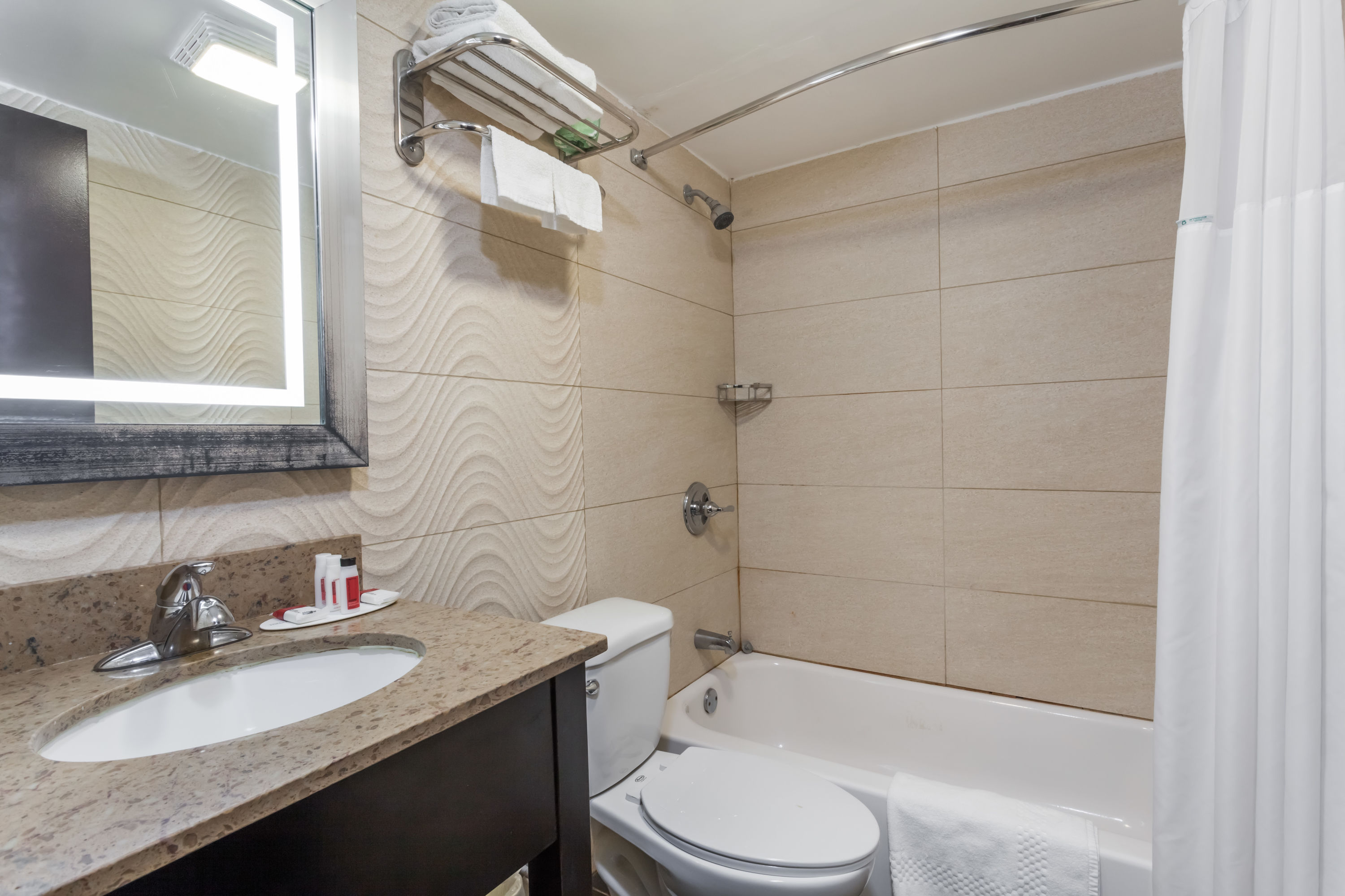 Guest room bath at the Travelodge by Wyndham South Hackensack in South Hackensack, New Jersey