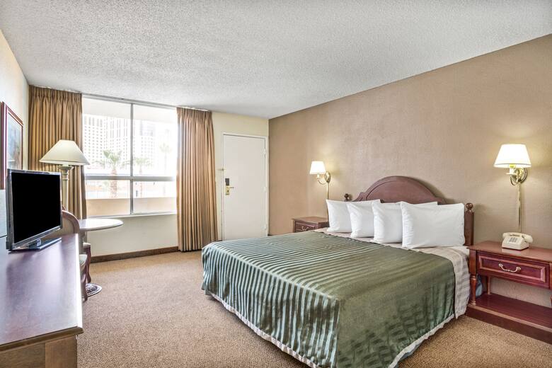 Guest room at the Travelodge Las Vegas Center Strip in Las Vegas, Nevada