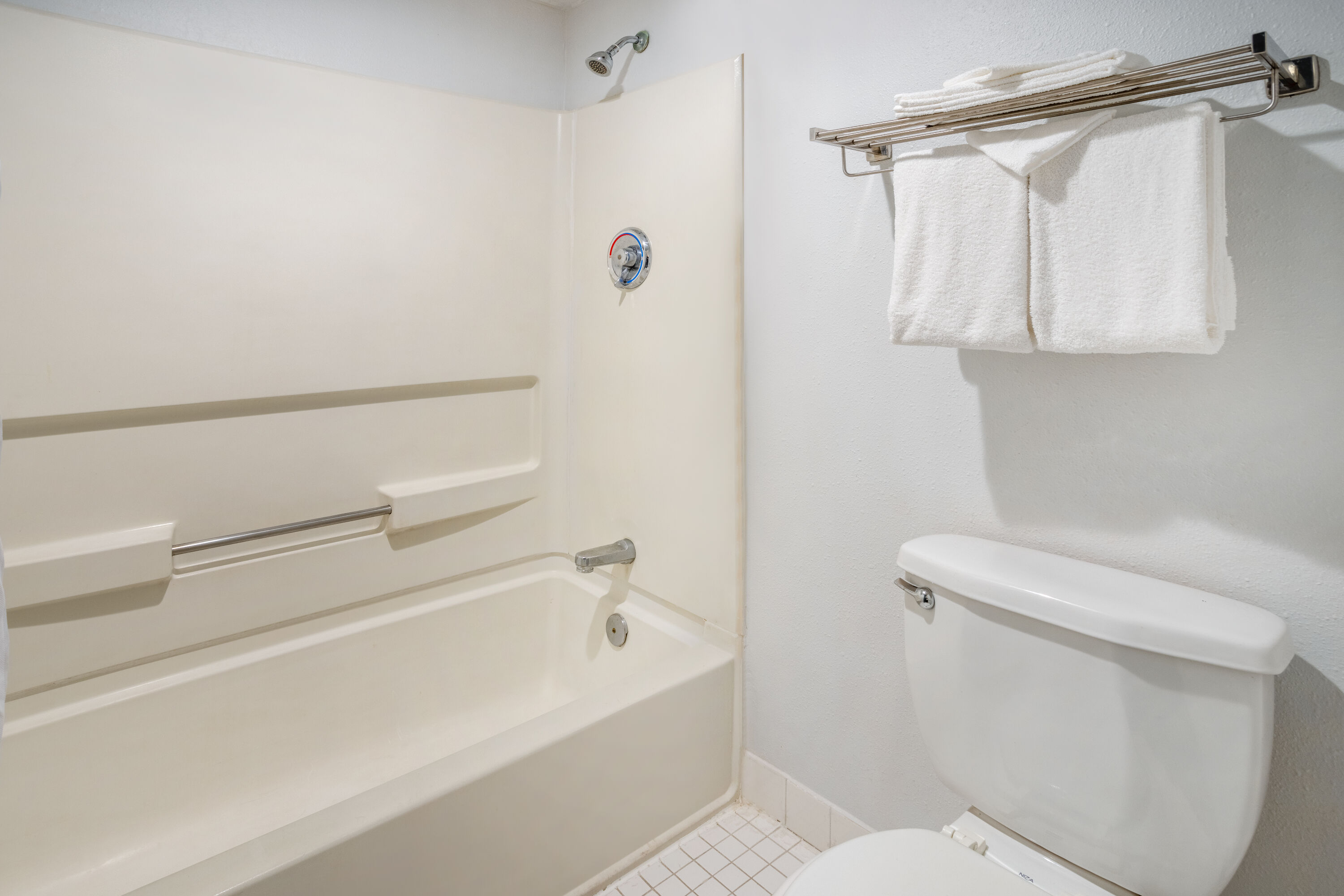 Guest room bath at the Travelodge by Wyndham Appleton in Appleton, Wisconsin
