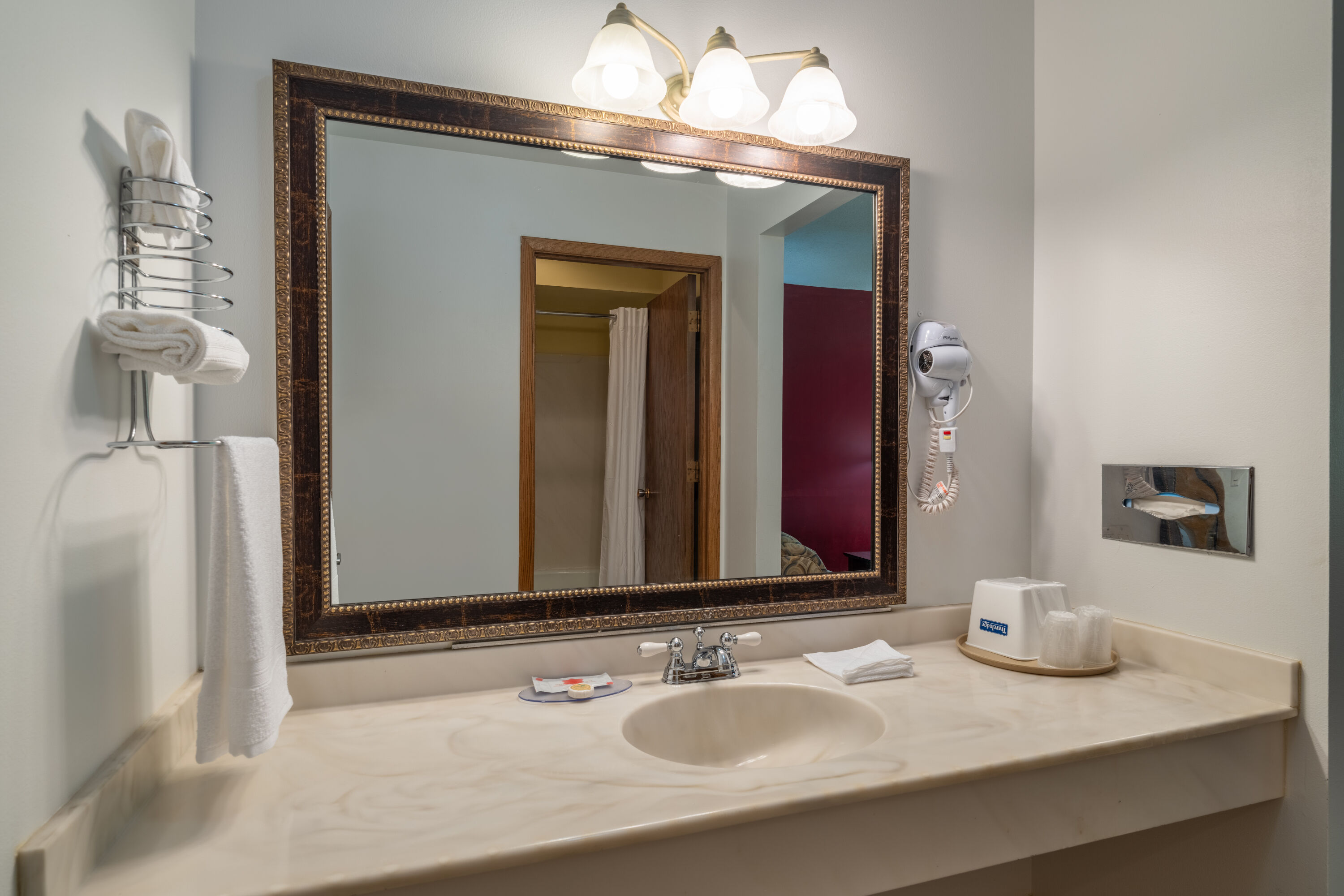 Guest room bath at the Travelodge by Wyndham Merrill in Merrill, Wisconsin
