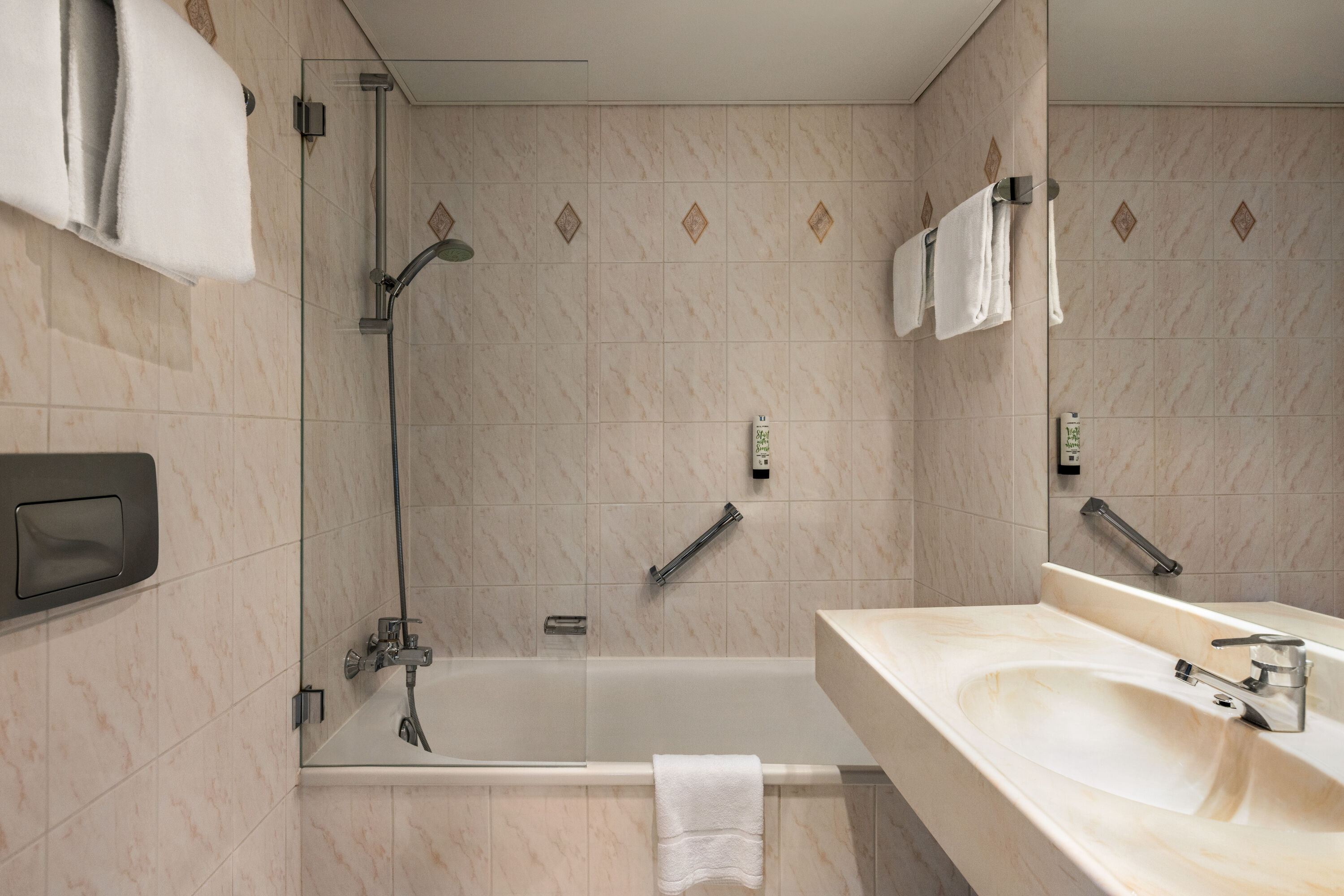 Guest room bath at the Amedia Dresden Elbpromenade, Trademark Collection by Wyndham in Dresden, Other than US/Canada