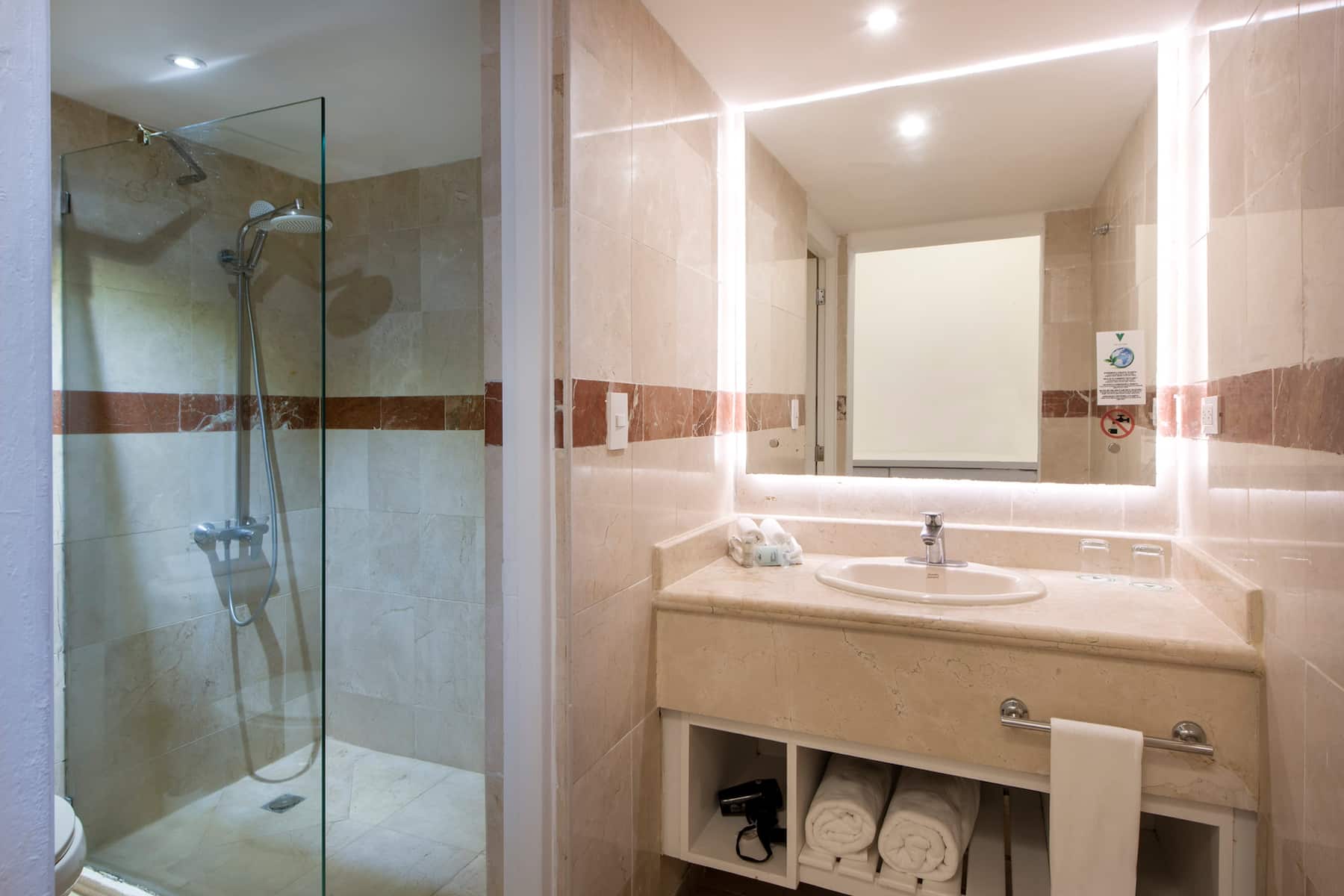 Guest room bath at the Viva Heavens by Wyndham, A Trademark All Inclusive in Puerto Plata, Other than US/Canada