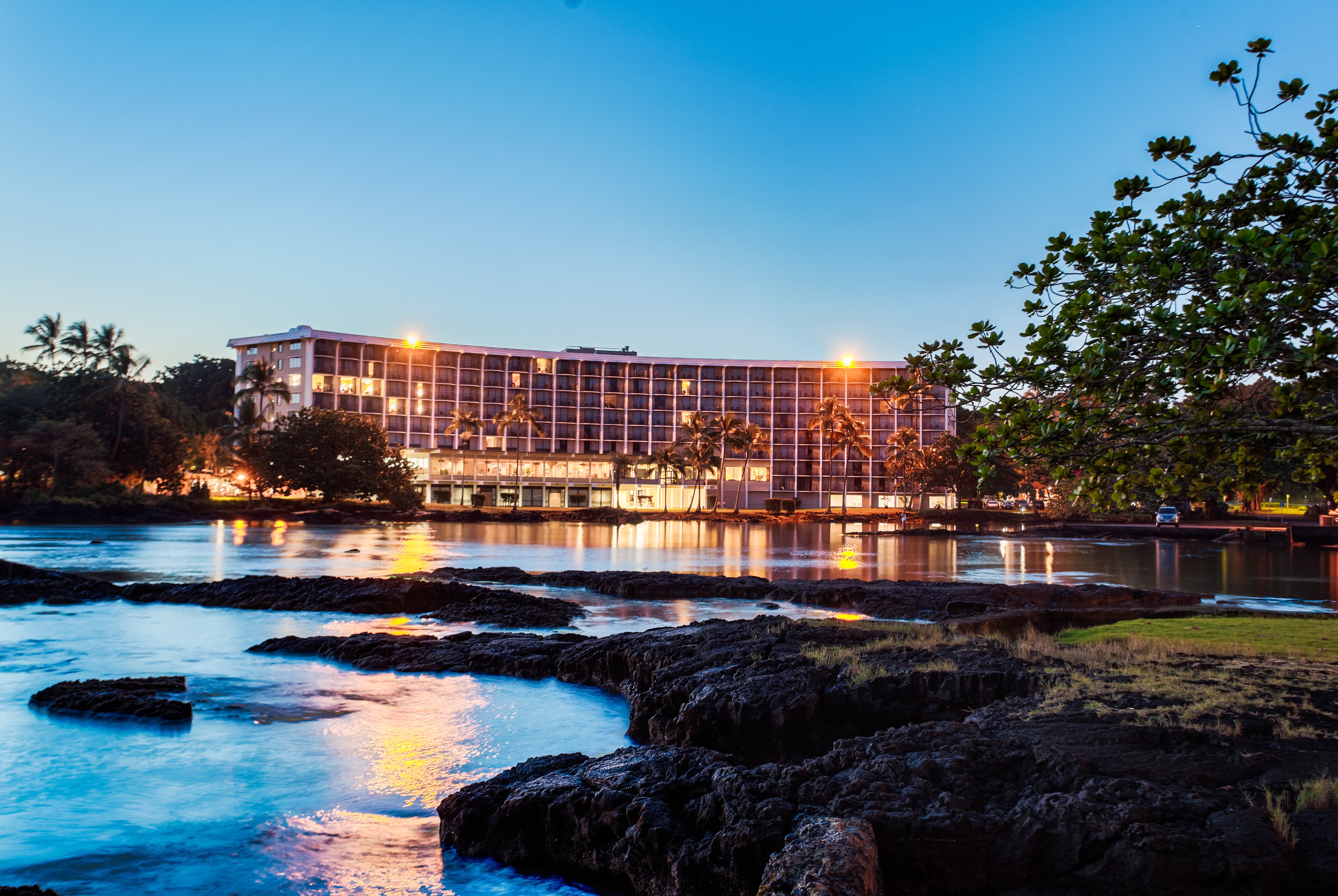 Exterior of Hilo Hawaiian Hotel, Trademark Collection by Wyndham hotel in Hilo, Hawaii