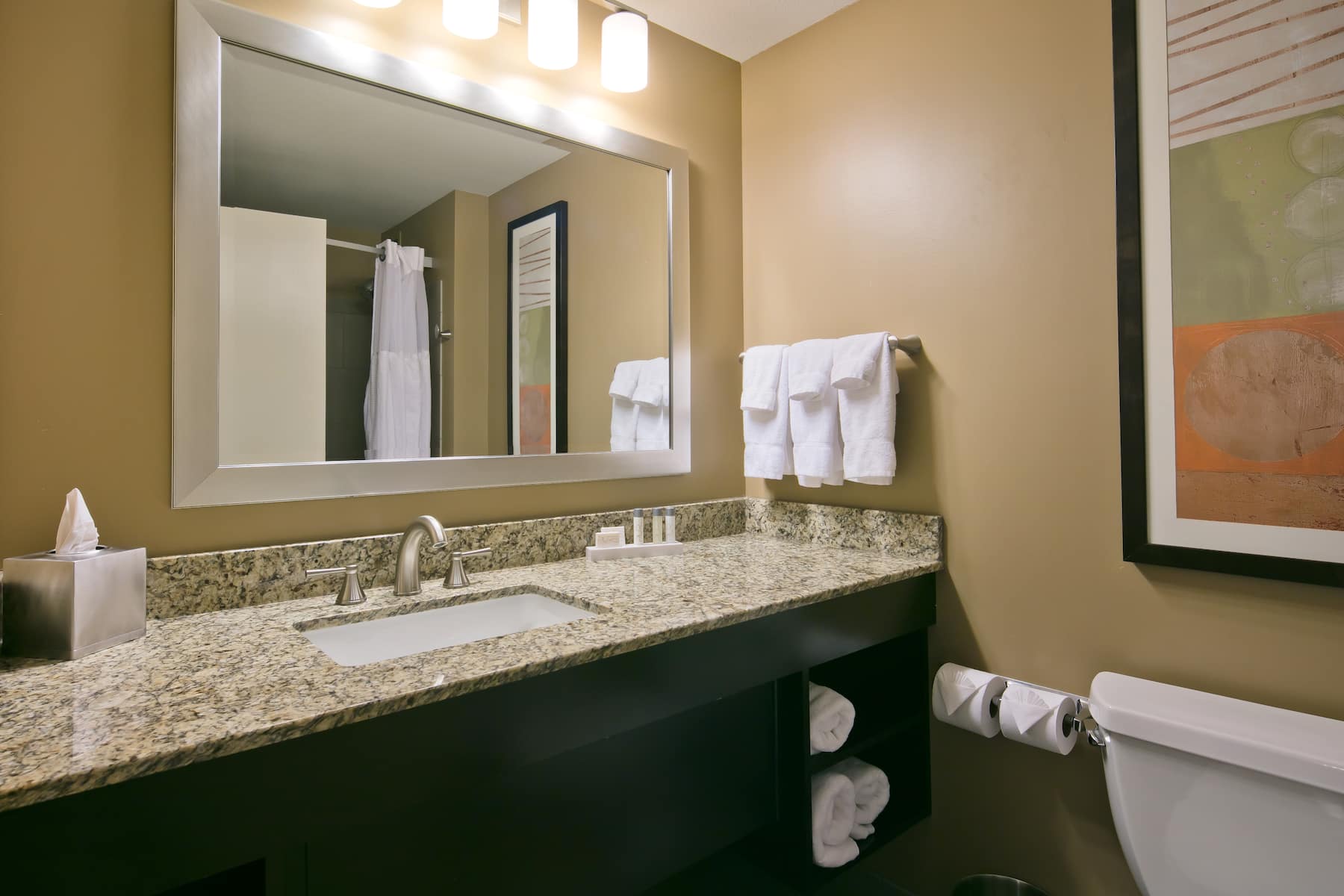 Guest room bath at the Isle Casino Hotel Bettendorf Trademark Collection by Wyndham in Bettendorf, Iowa