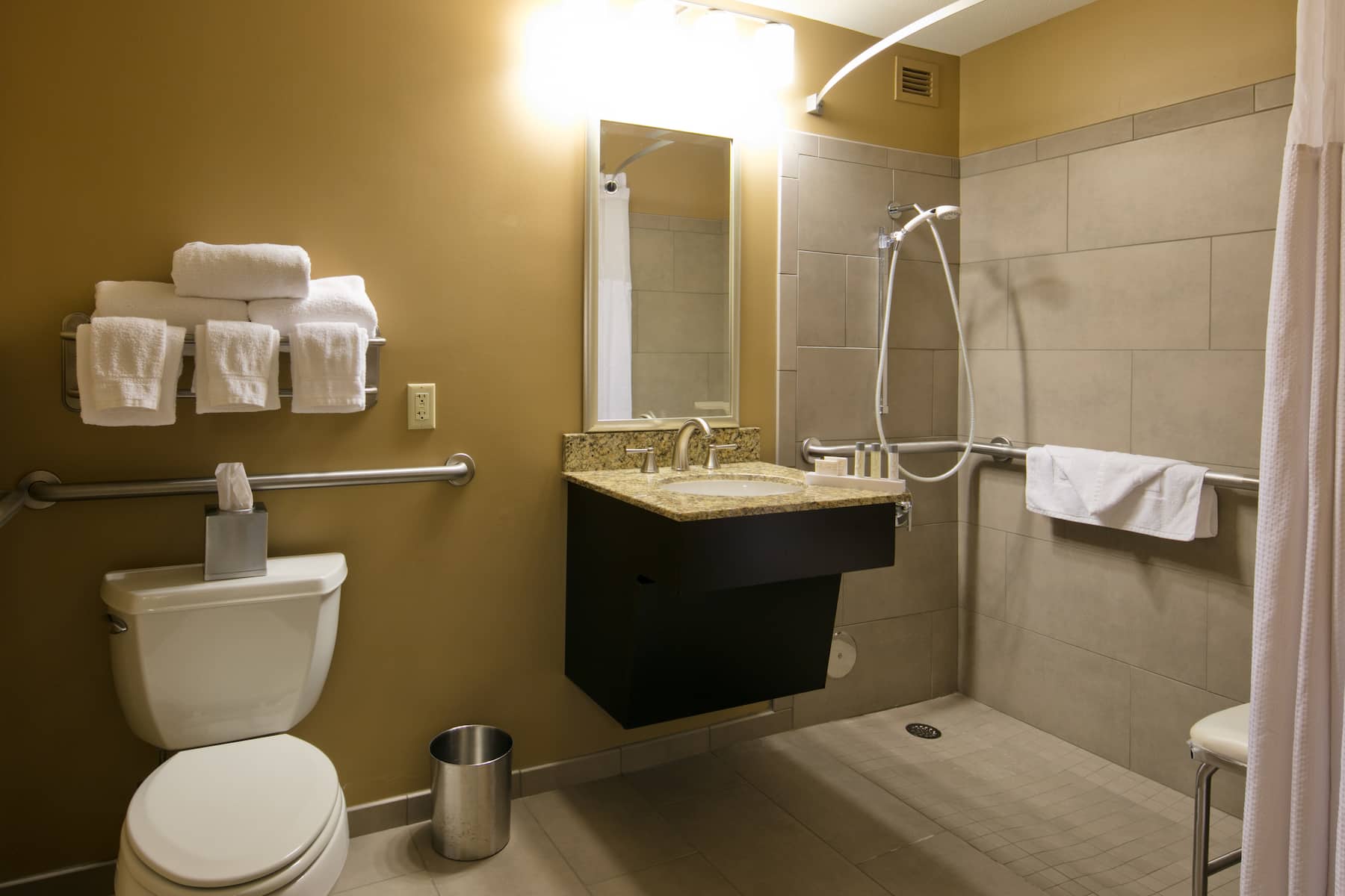 Guest room bath at the Isle Casino Hotel Bettendorf Trademark Collection by Wyndham in Bettendorf, Iowa