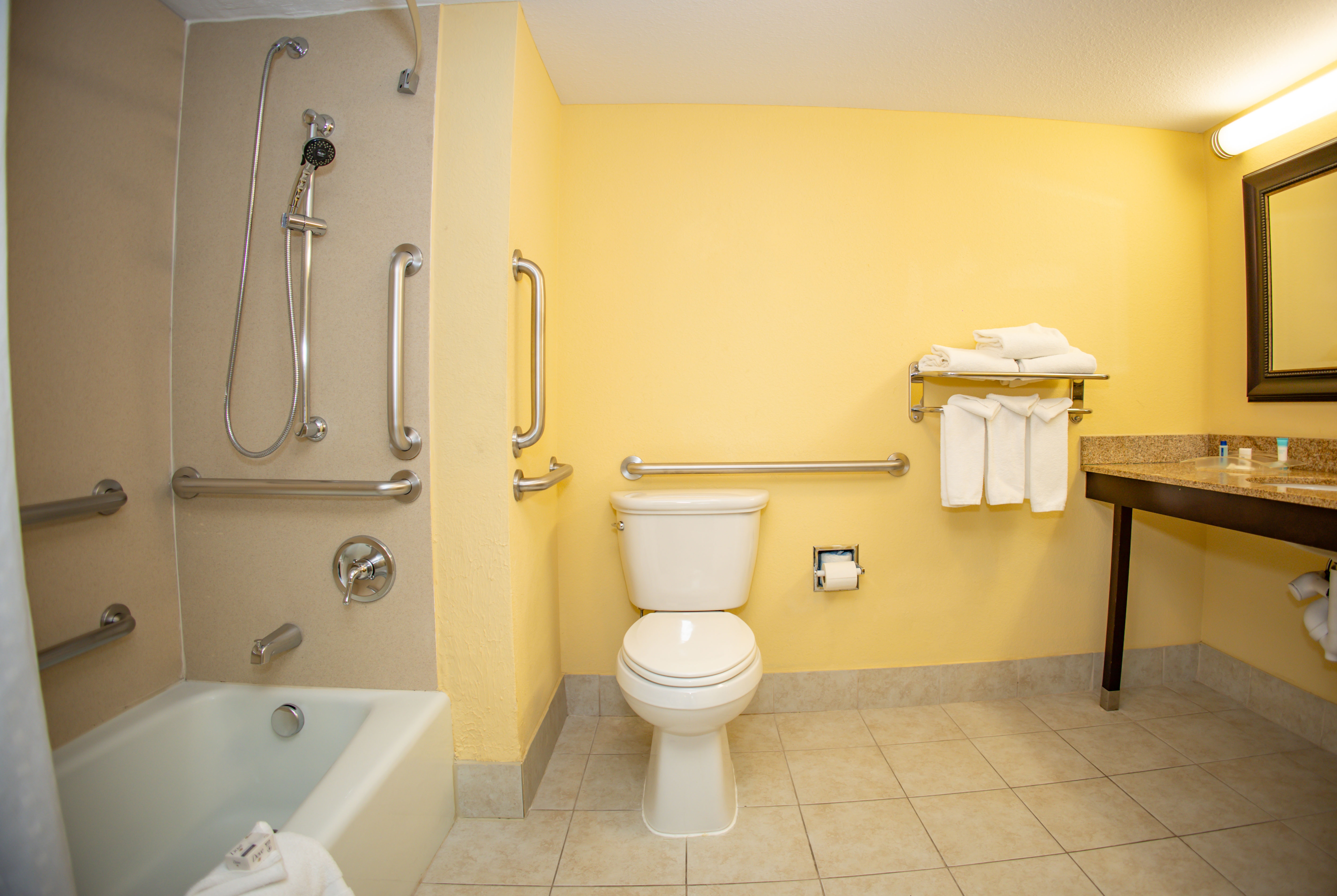 Guest room bath at the Hotel Gurnee in Gurnee, Illinois