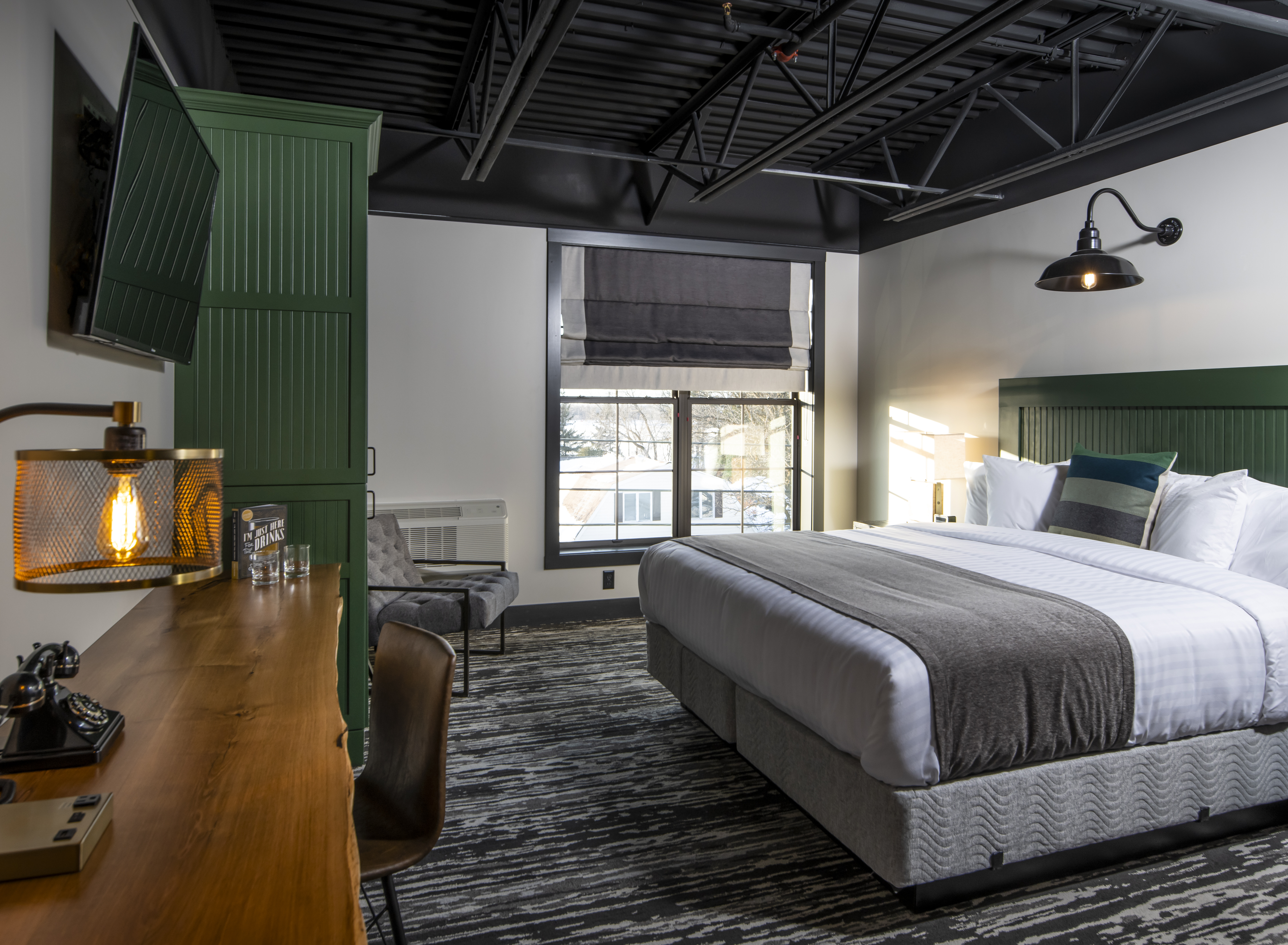 Guest room at the Cantilever Hotel, Trademark Collection by Wyndham in Ranier, Minnesota
