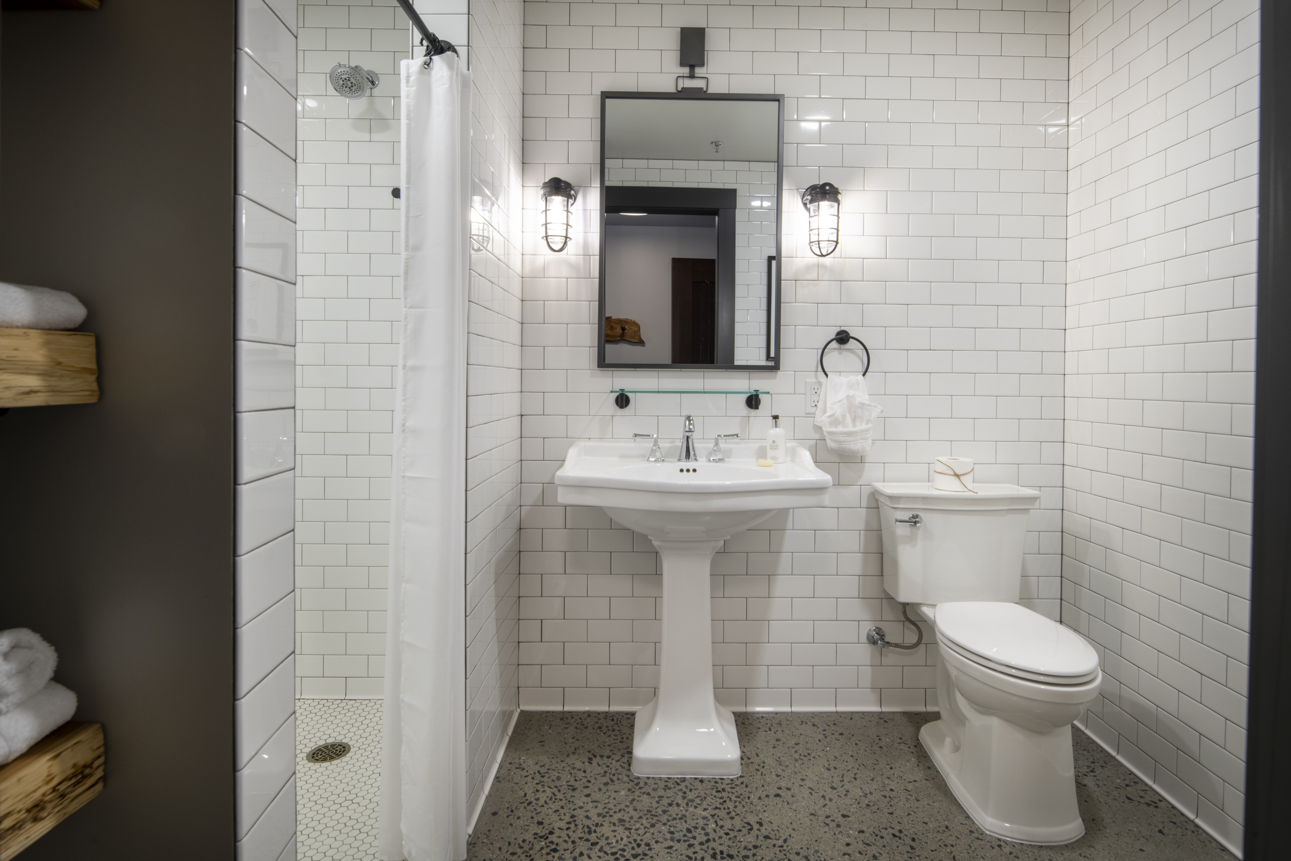 Guest room bath at the Cantilever Hotel, Trademark Collection by Wyndham in Ranier, Minnesota