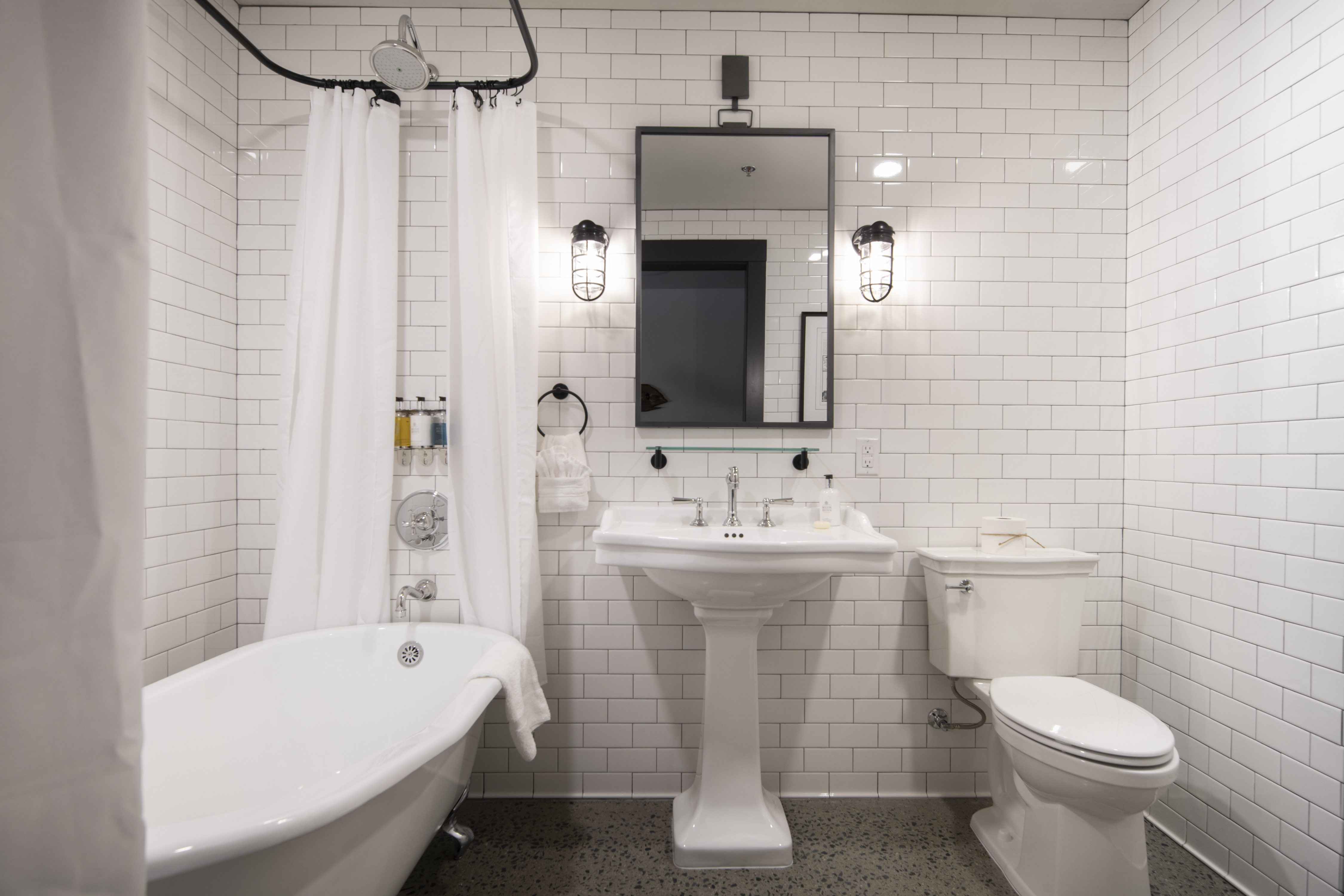 Guest room bath at the Cantilever Hotel, Trademark Collection by Wyndham in Ranier, Minnesota