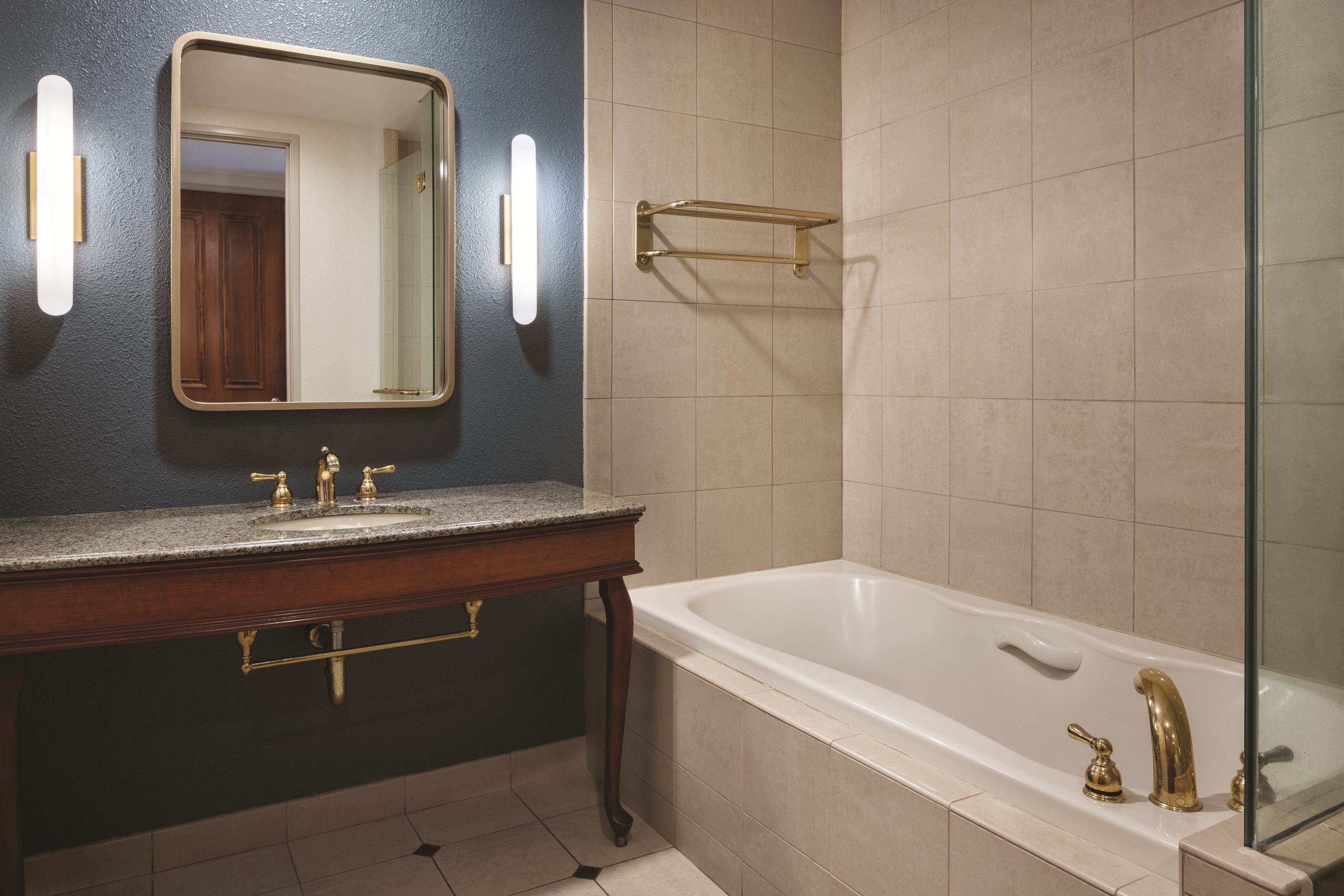 Guest room bath at the Harrah's Kansas City, Trademark Collection by Wyndham in North Kansas City, Missouri