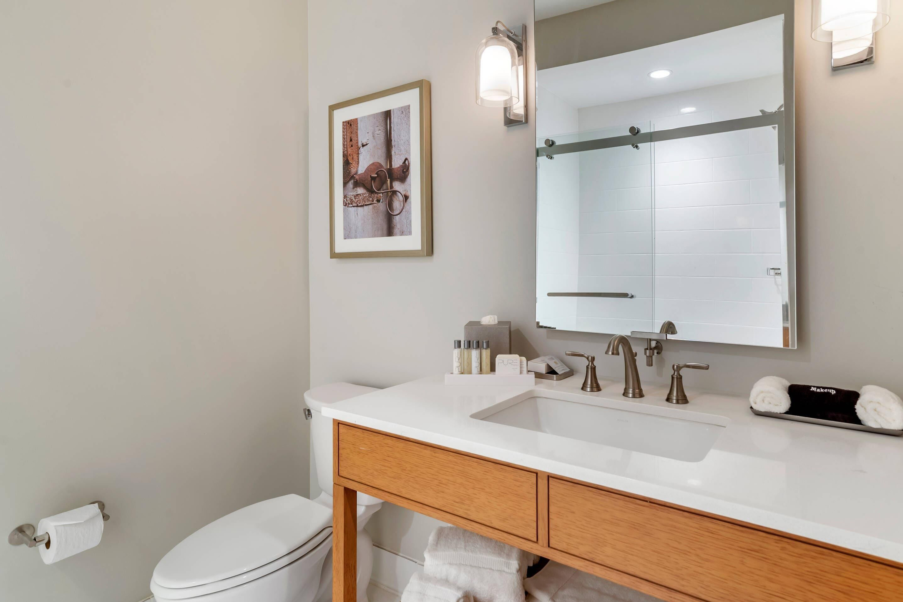 Guest room bath at the Lyric Hotel West End, Trademark Collection by Wyndham in Cleveland, Mississippi