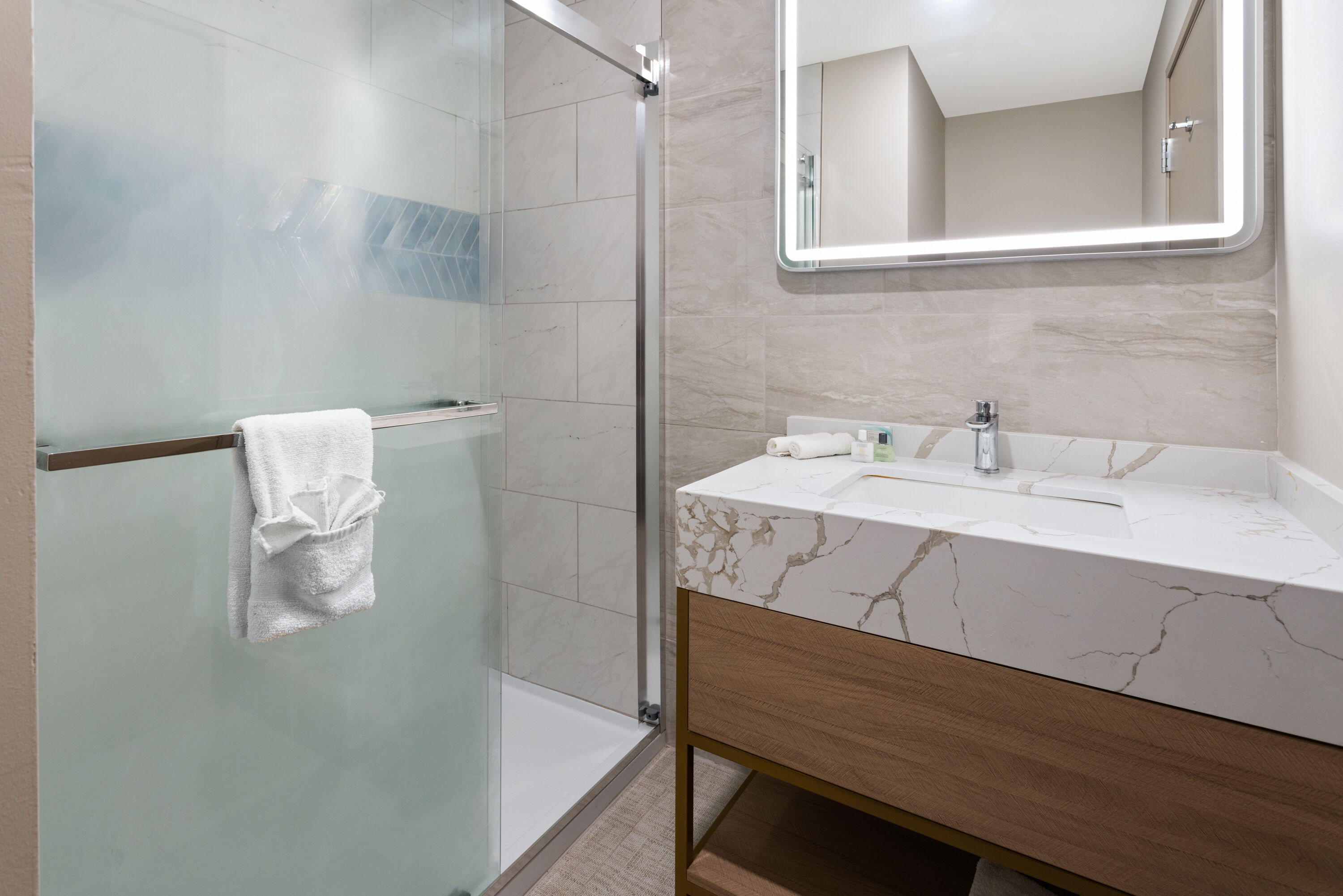 Guest room bath at the The Vibes Hotel, Trademark Collection by Wyndham in Wildwood, New Jersey