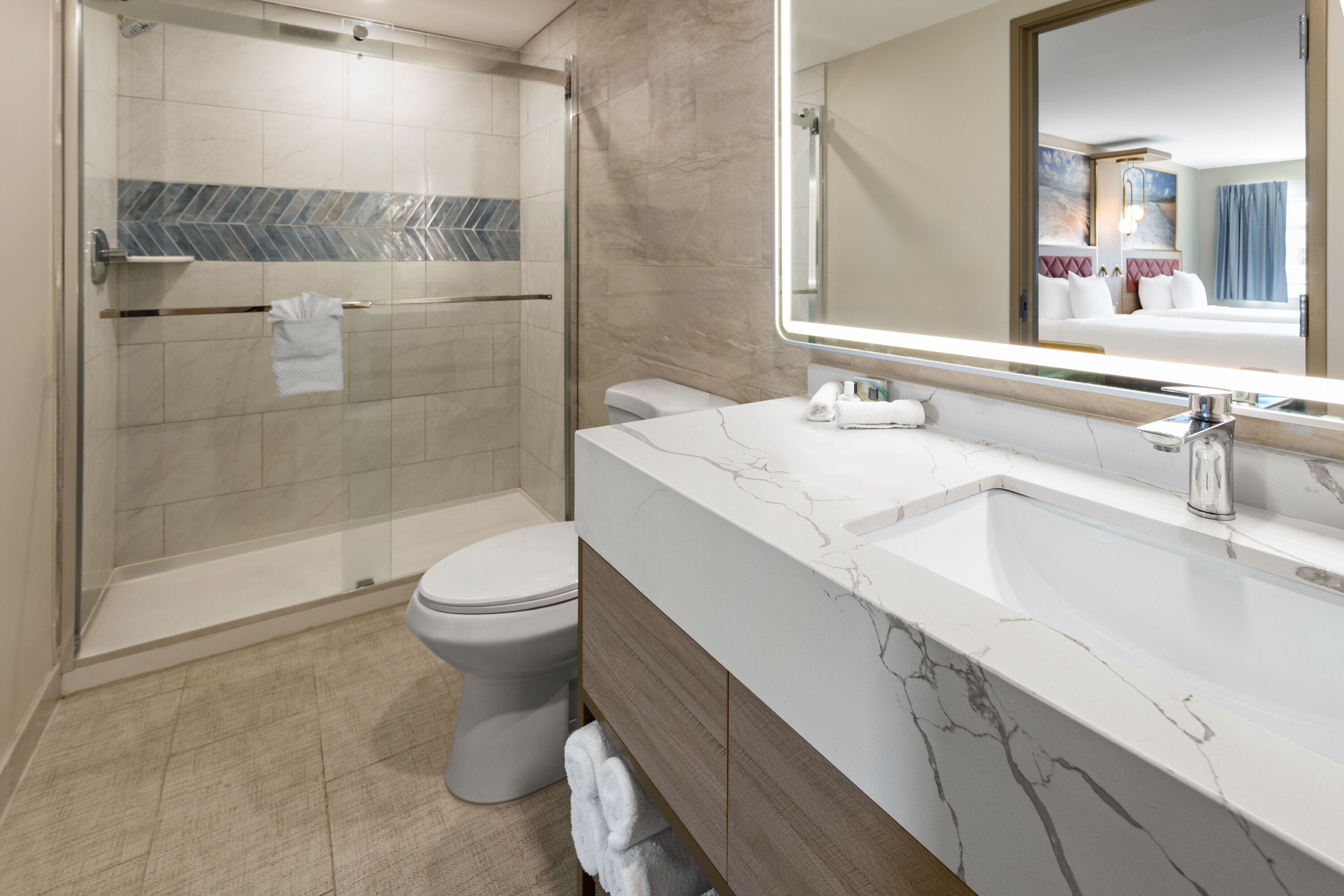 Guest room bath at the The Vibes Hotel, Trademark Collection by Wyndham in Wildwood, New Jersey