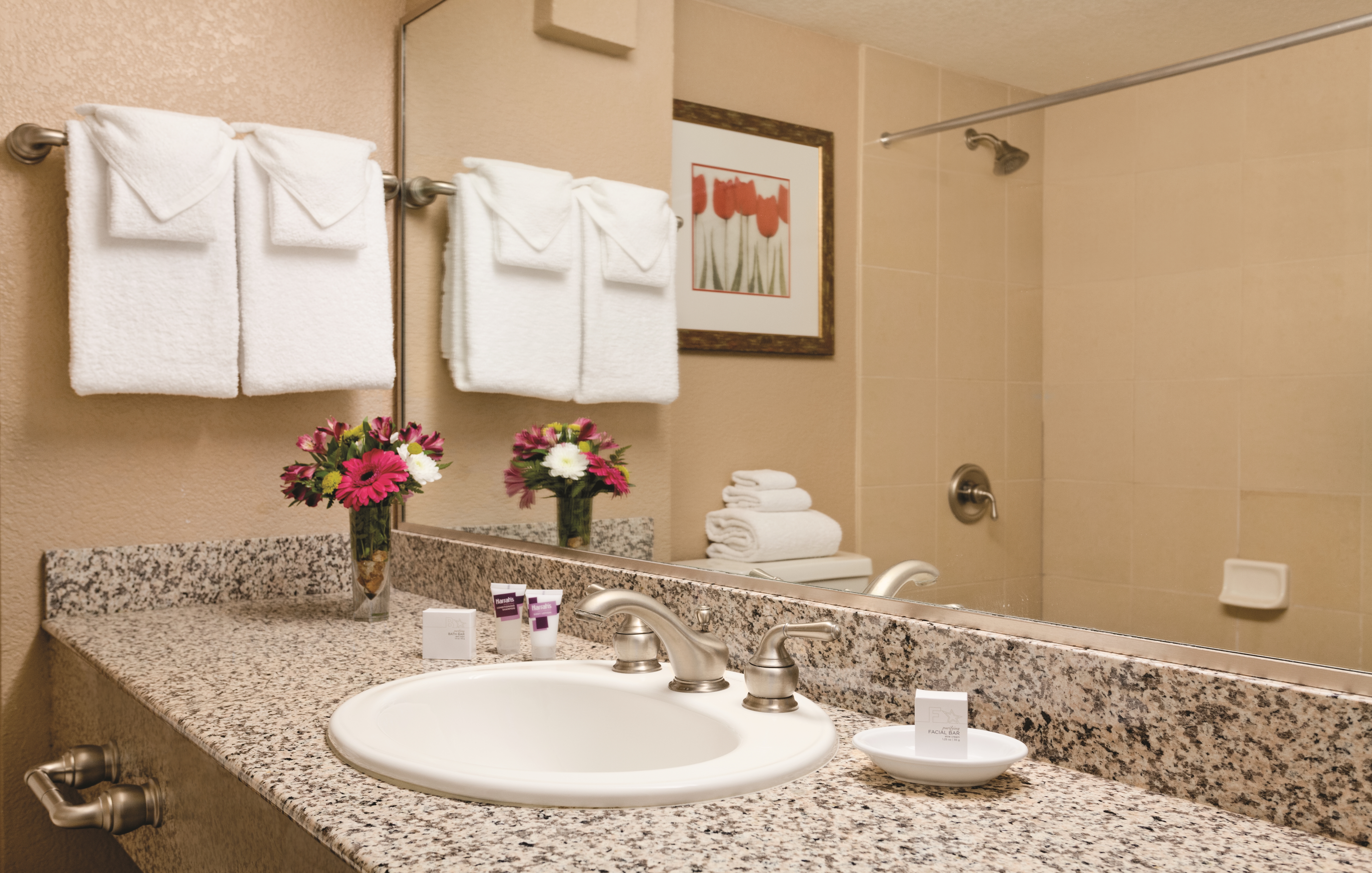 Guest room bath at the Harrahs Laughlin Beach Resort & Casino Trademark Collection in Laughlin, Nevada