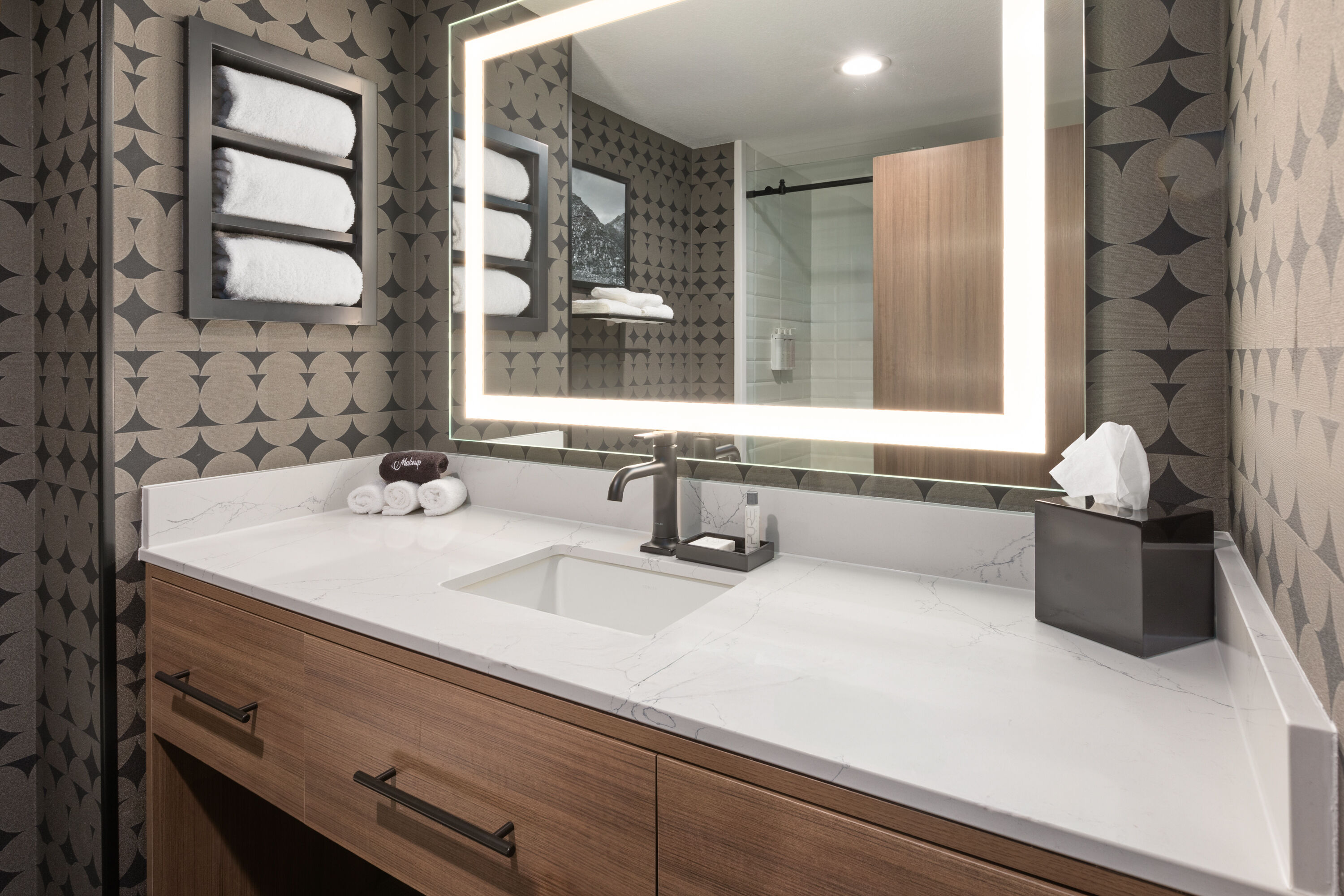 Guest room bath at the Riverbend Hotel and Suites, Trademark Collection by Wyndham in Ashtabula, Ohio