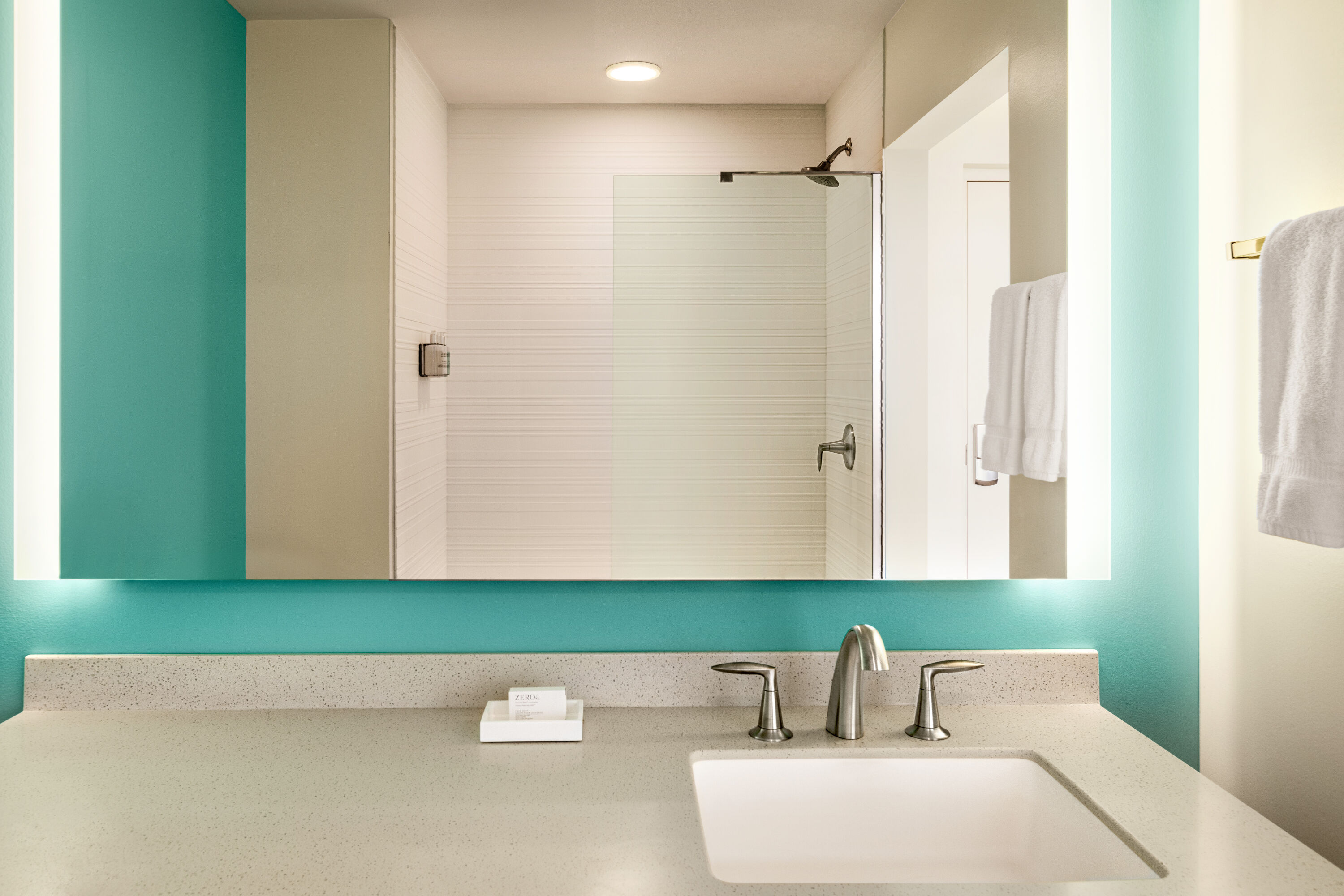 Guest room bath at the The Orbit Hotel, Trademark Collection by Wyndham in Fairview Park, Ohio