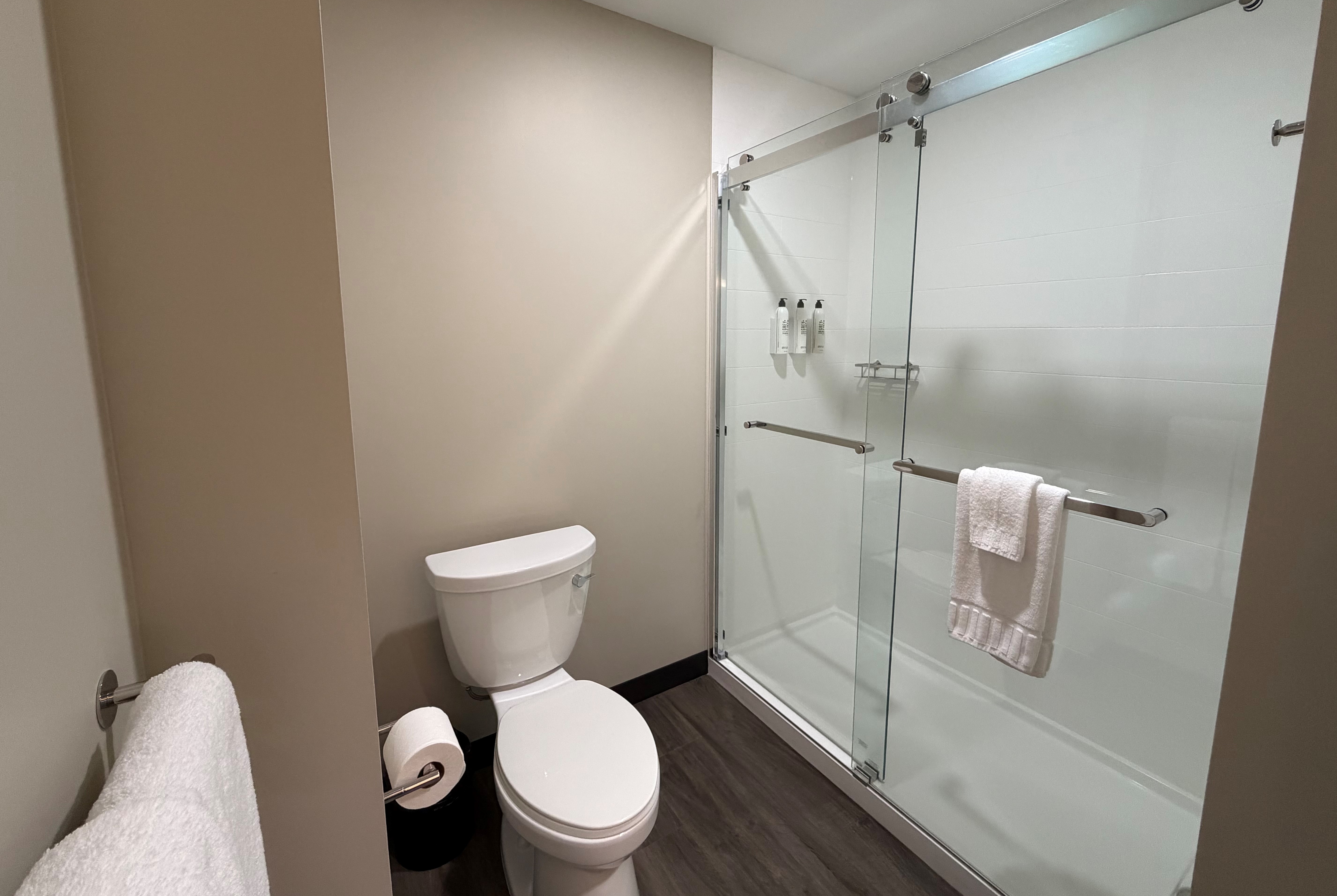 Guest room bath at the Sugar Creek Hotel, Trademark Collection by Wyndham in Hinton, Oklahoma