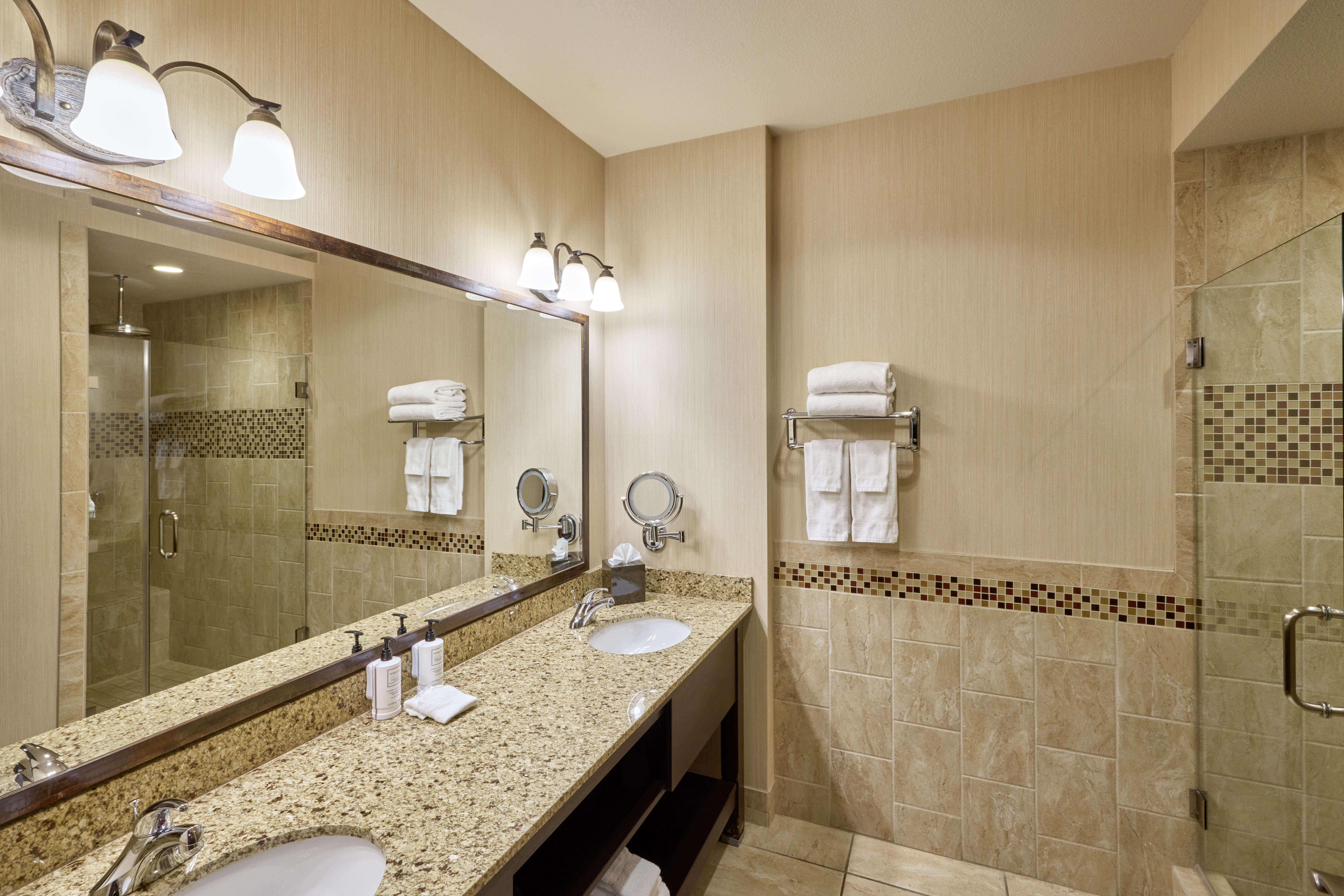 Guest room bath at the Choctaw Casino & Resort Pocola, Trademark Coll by Wyndham in Pocola, Oklahoma