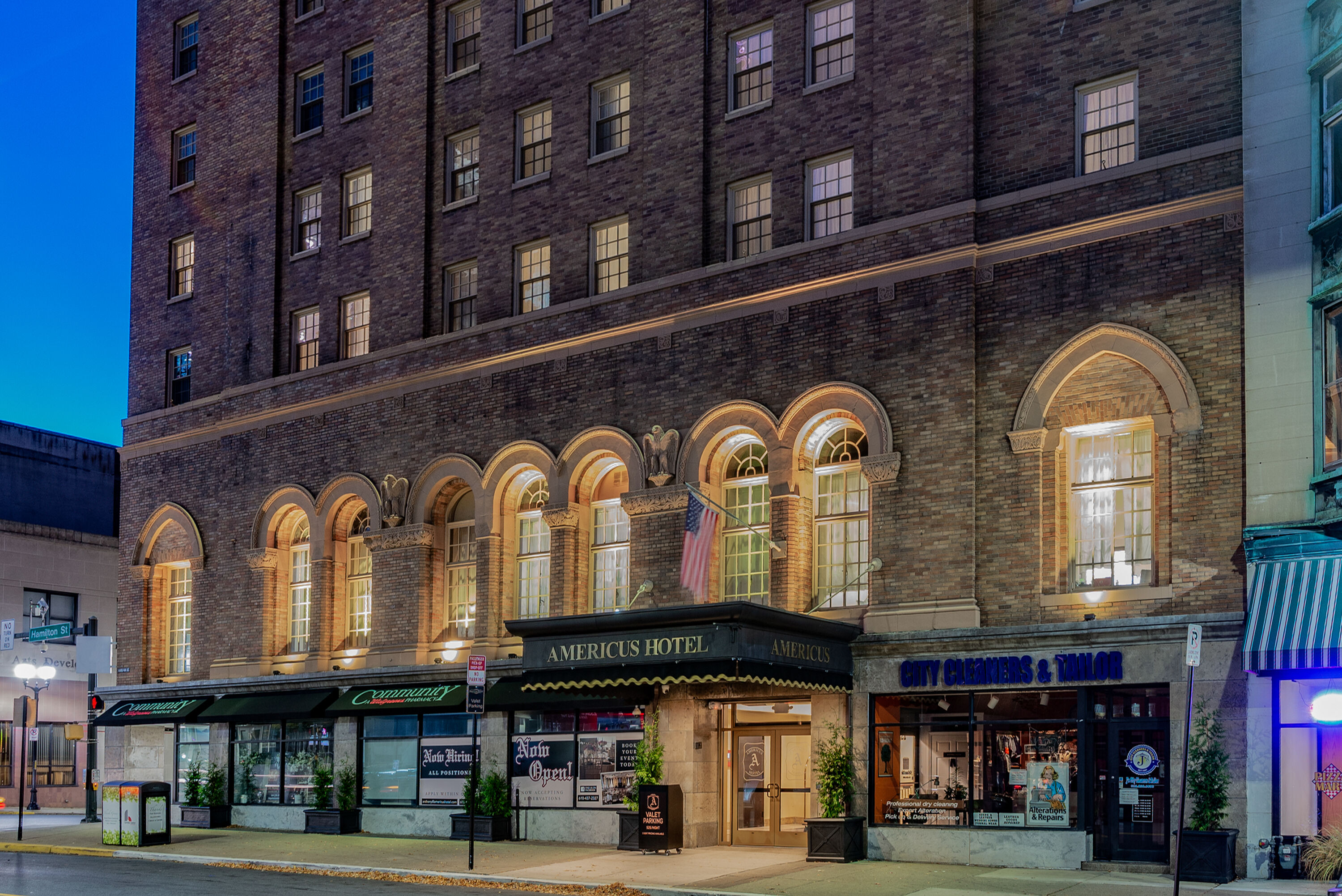 Exterior Dusk Image of The Americus Hotel, Trademark Collection by Wyndham hotel in Allentown, Pennsylvania