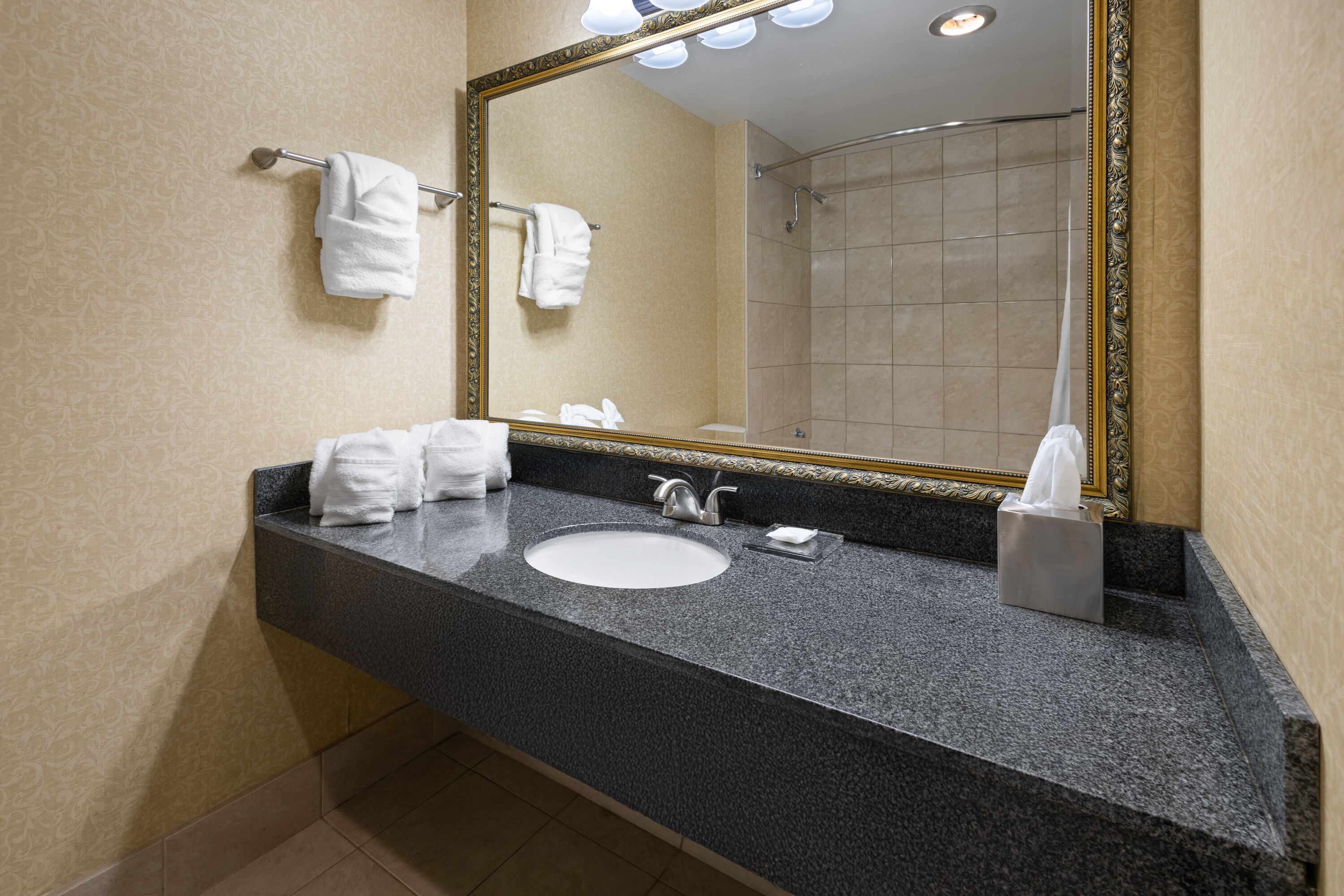 Guest room bath at the Penn Harris Hotel Harrisburg, Trademark by Wyndham in Camp Hill, Pennsylvania