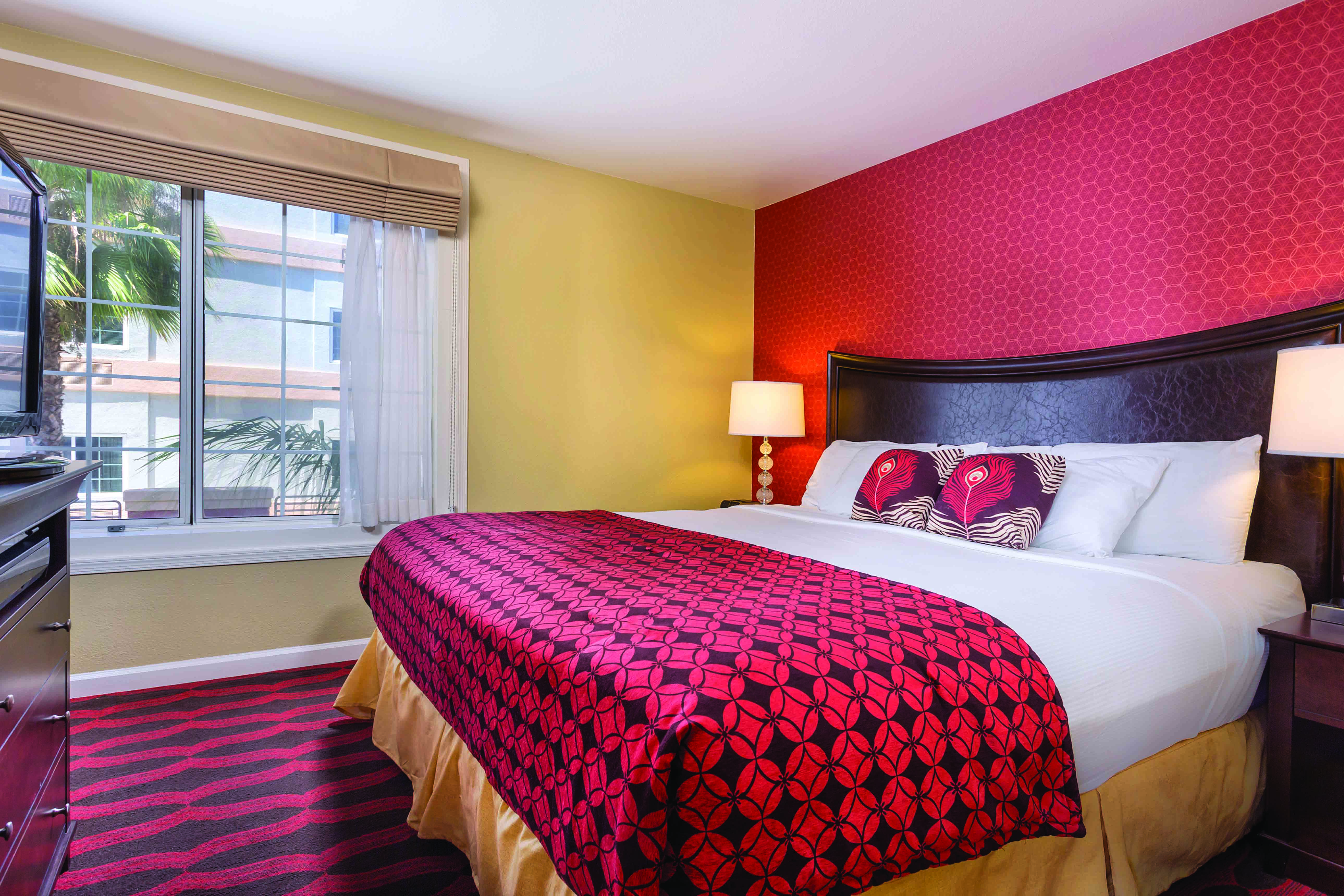 Guest room at the Peacock Suites in Anaheim, California