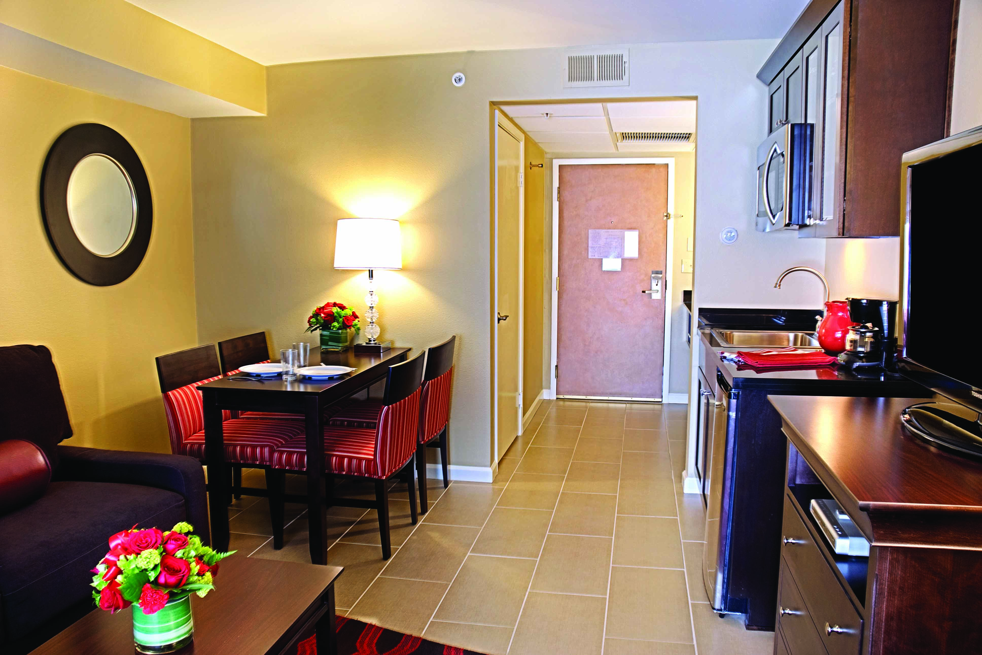Guest room at the Peacock Suites in Anaheim, California