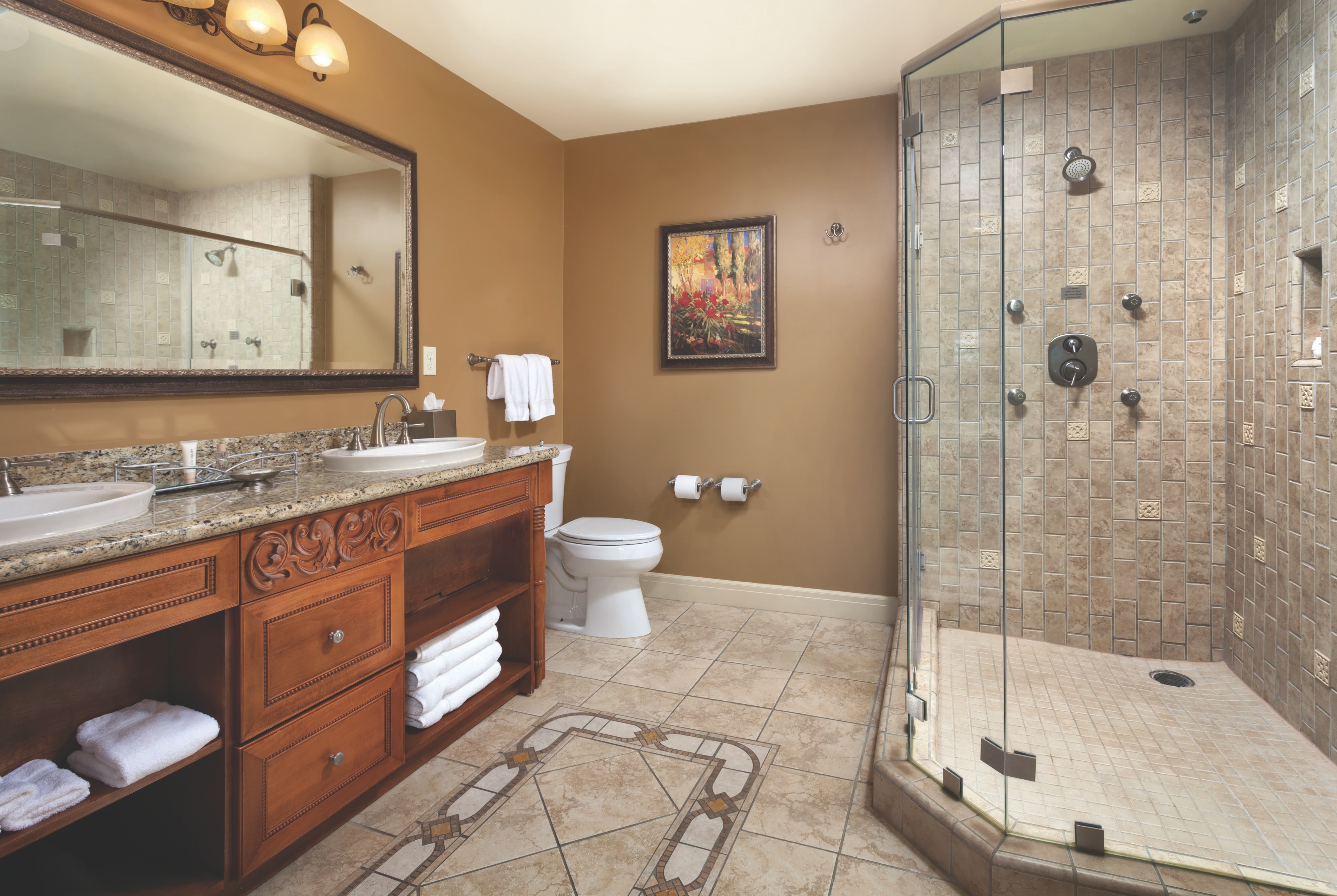 Guest room bath at the Vino Bello Resort in Napa, California