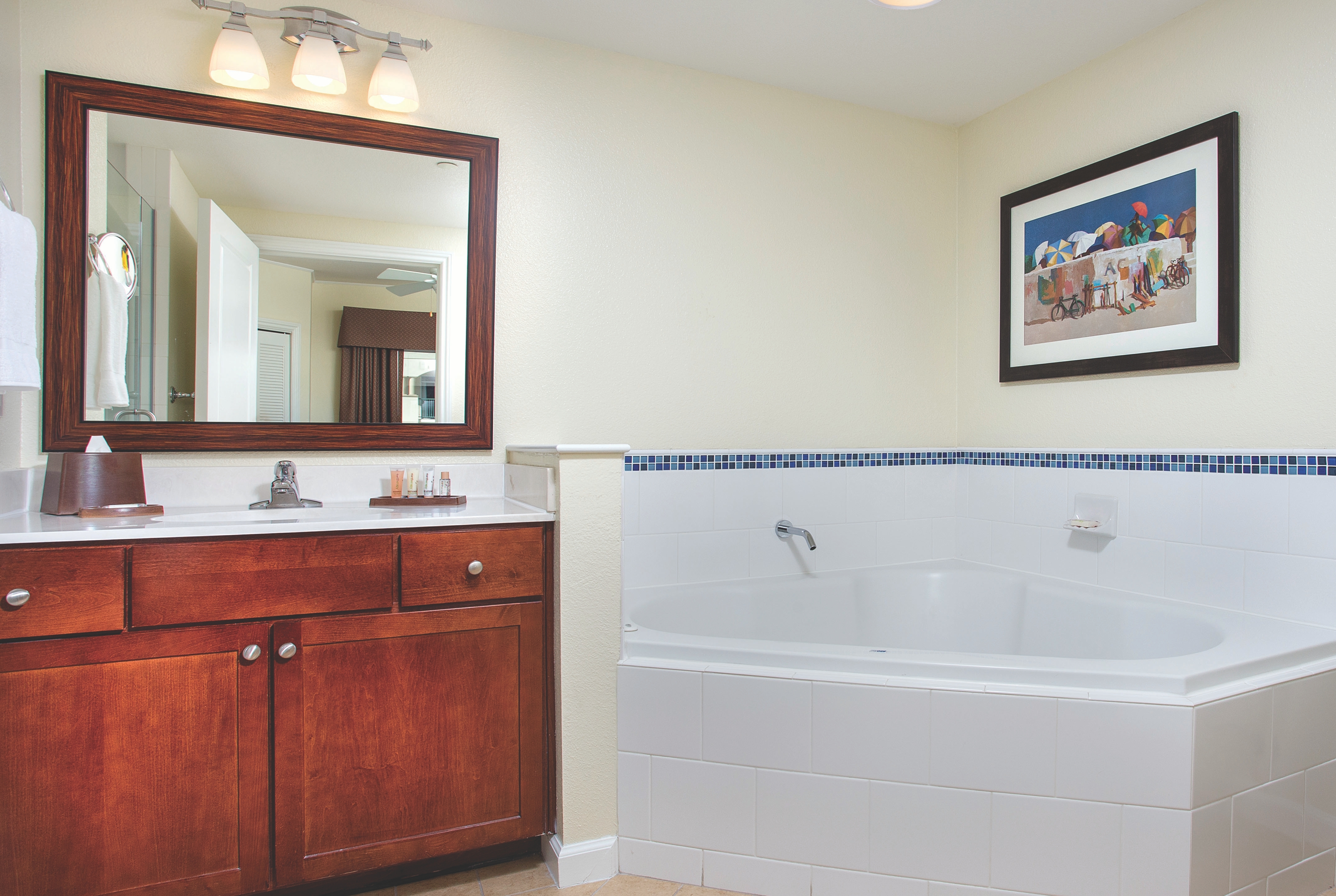 Guest room bath at the Club Wyndham Oceanside Pier Resort in Oceanside, California