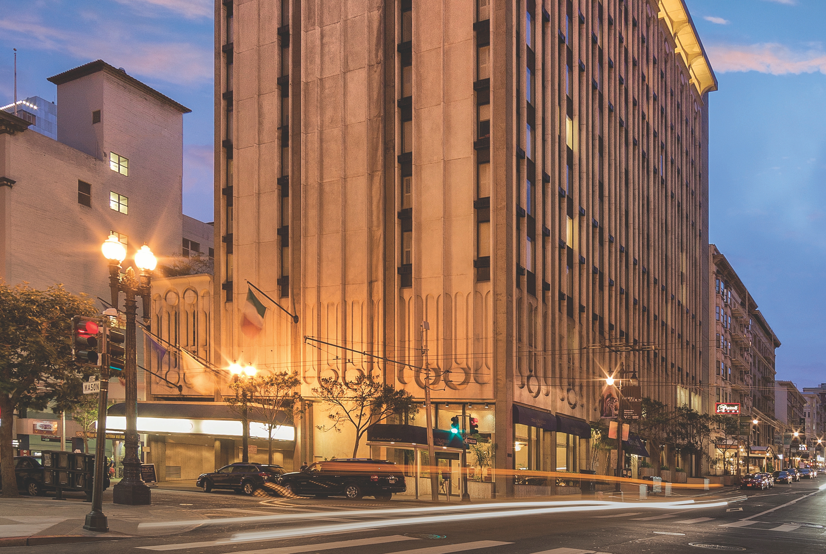 Exterior Night Image of The Donatello hotel in San Francisco, California