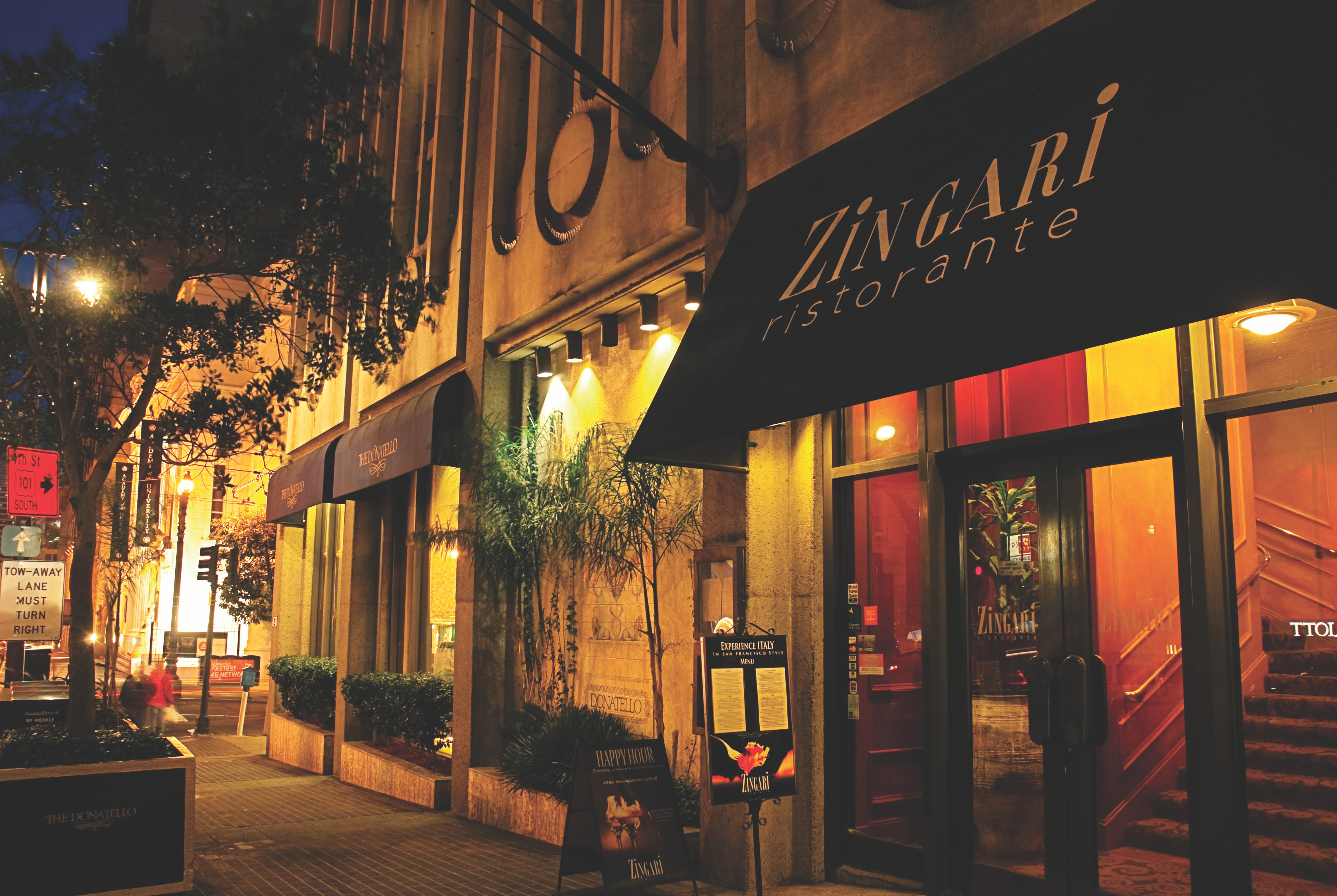 Exterior Night Image of The Donatello hotel in San Francisco, California